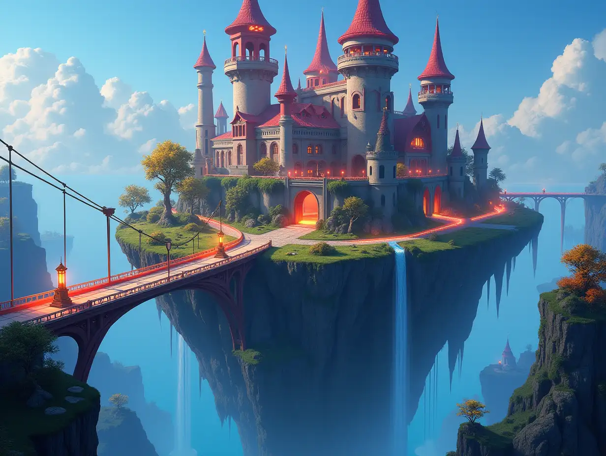 AI A Fantasy-style floating island world with castle with red towers beautiful lit streets a suspension bridge connecting to the mainland with glowing lanterns and futuristic cars with glowing headlights colorful trees waterfall clear sky without clouds panoramic image