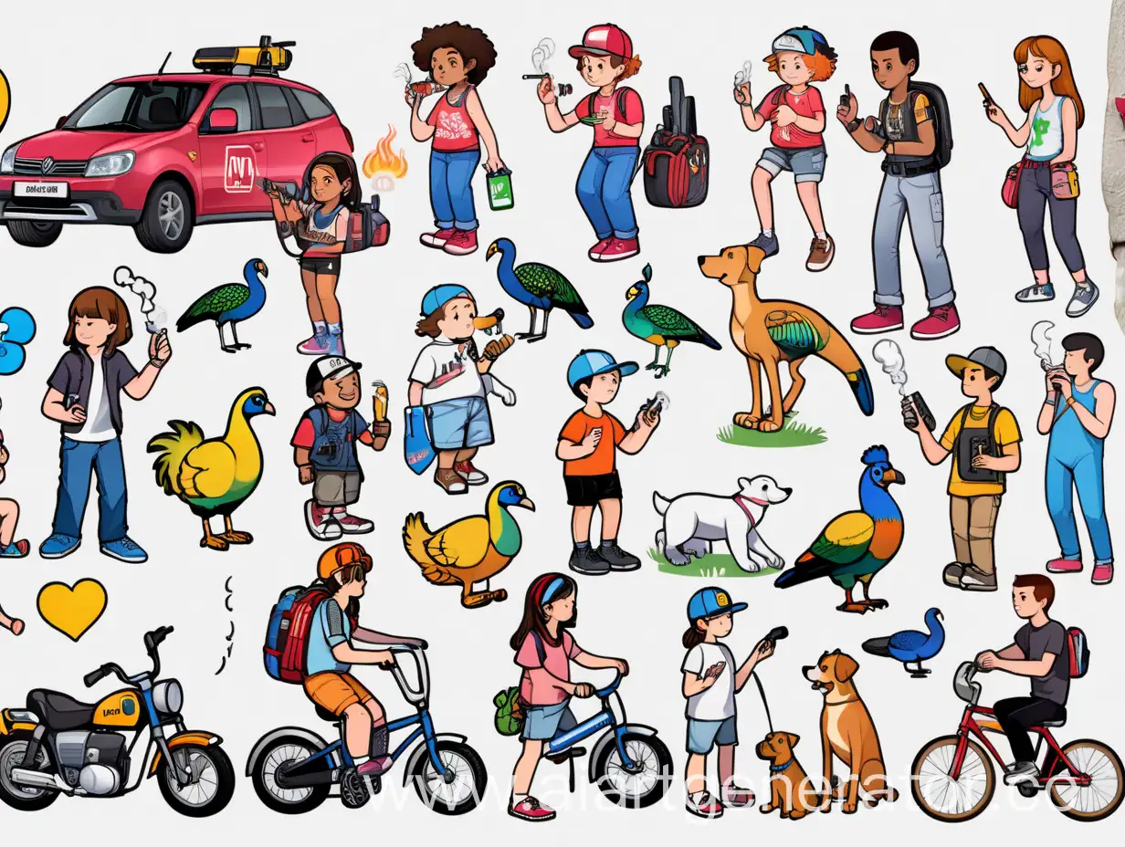 Sticker-Pack-with-Human-Figures-Girl-Doggy-Boy-Smoking-Chainsaw-Hookah-Inflatable-Peacock-and-Girl-on-Bicycle