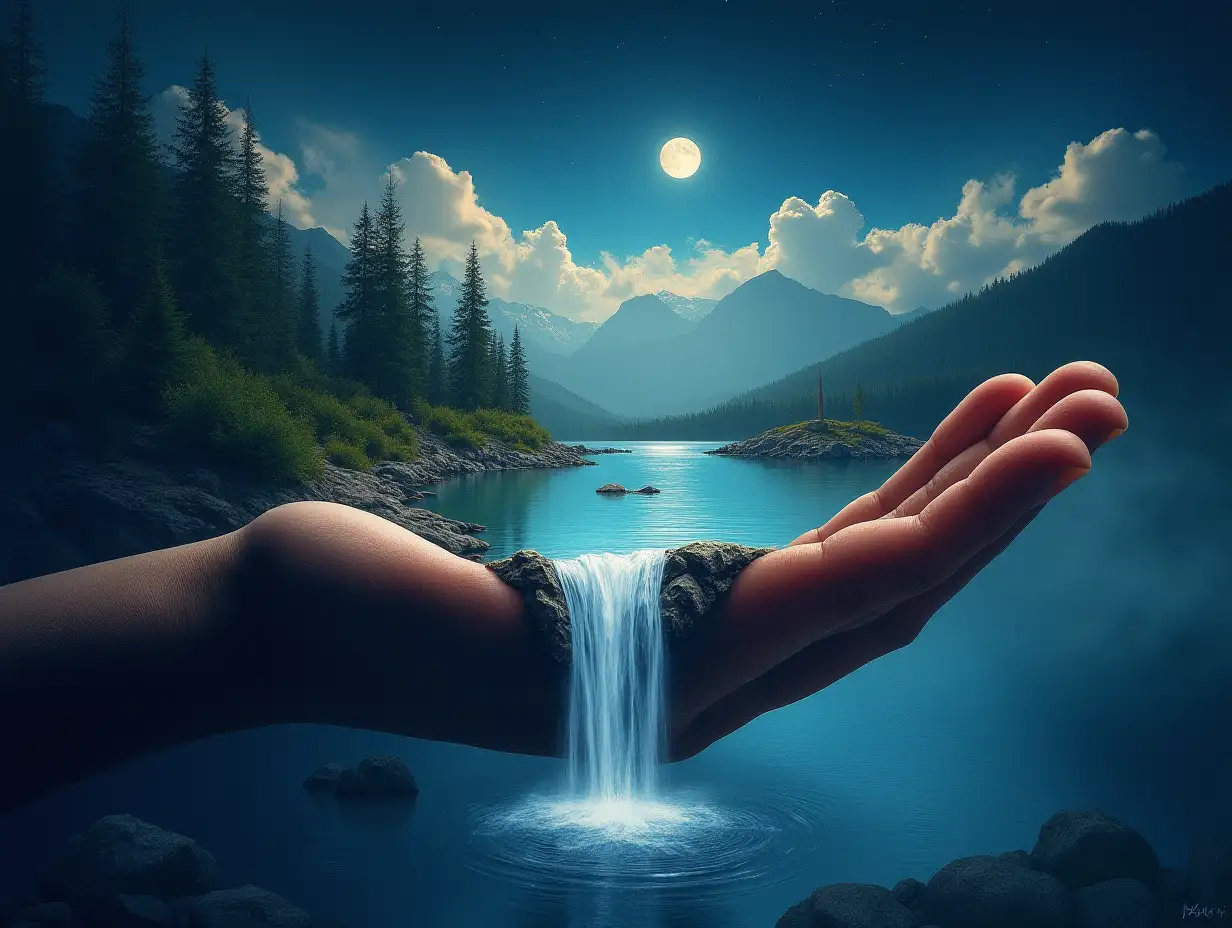 An outstretched hand with mountains, trees, a lake and a waterfall that falls from the hand into the sea with a nightly atmosphere with moon and stars