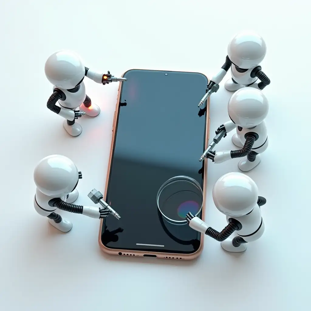 A top view. A large smartphone in the center, surrounded by a group of miniature humanoids, each with their specialized tool. One uses a laser level for precise alignment of the film, another - a micro-vacuum cleaner for removing dust particles, the third - an ultrasonic cleaner to remove residual adhesive. The fourth monitors the process through a magnifying glass that reflects light. The lighting is even, providing good visibility of all details.