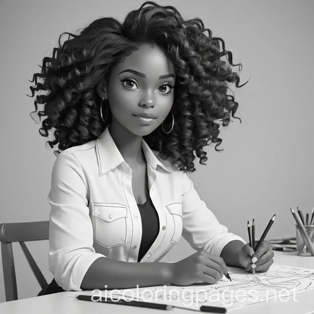 Bkacj and white Beautiful black women at work, Coloring Page, black and white, line art, white background, Simplicity, Ample White Space. The background of the coloring page is plain white to make it easy for young children to color within the lines. The outlines of all the subjects are easy to distinguish, making it simple for kids to color without too much difficulty