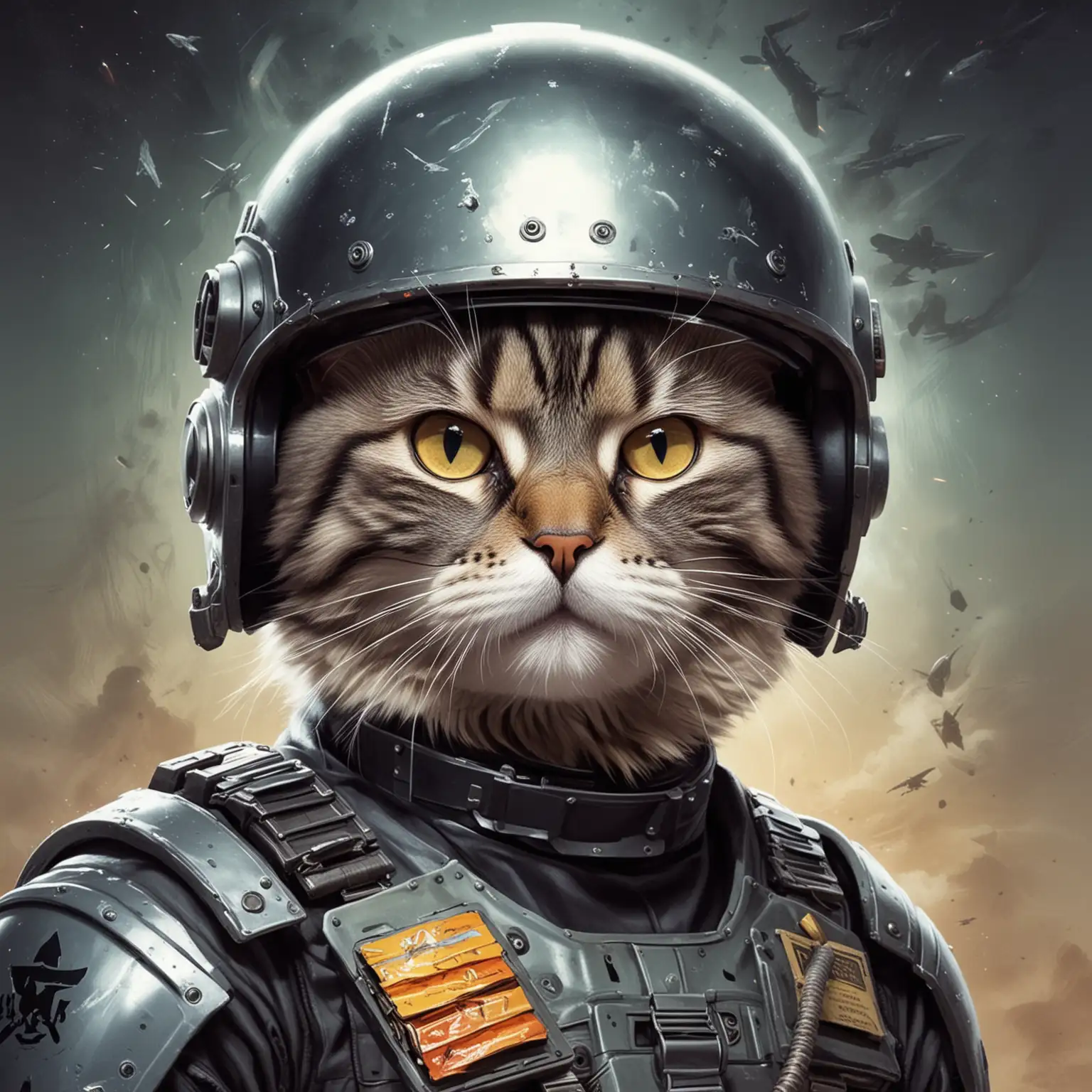 The cat in the helmet in the style of the movie Starship Troopers by Paul Verhoeven