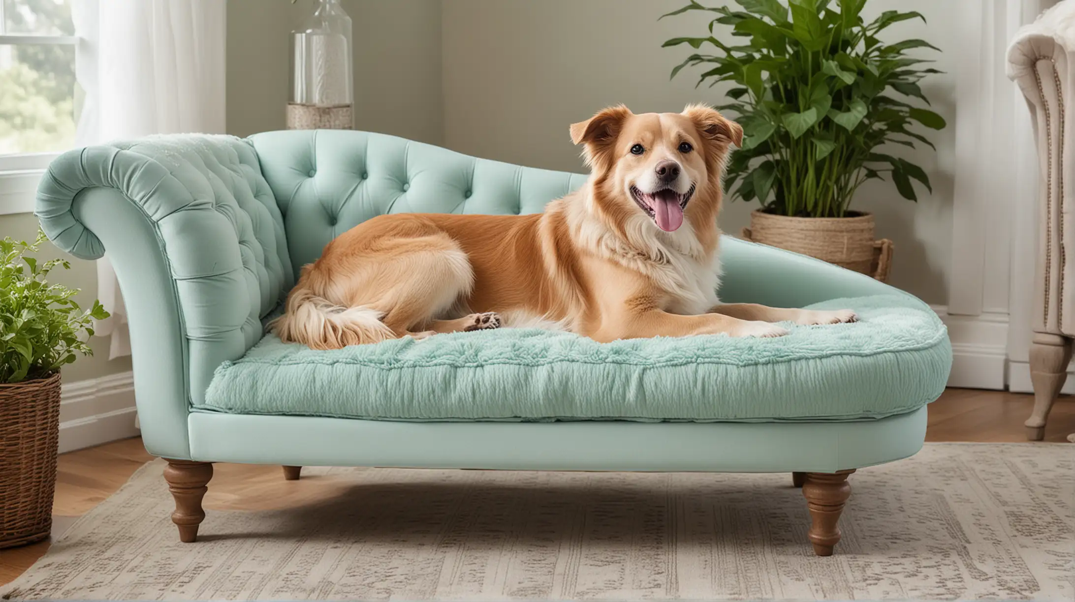 Happy Dog Lounging on Stylish Chaise Lounge in Elegant Home Setting