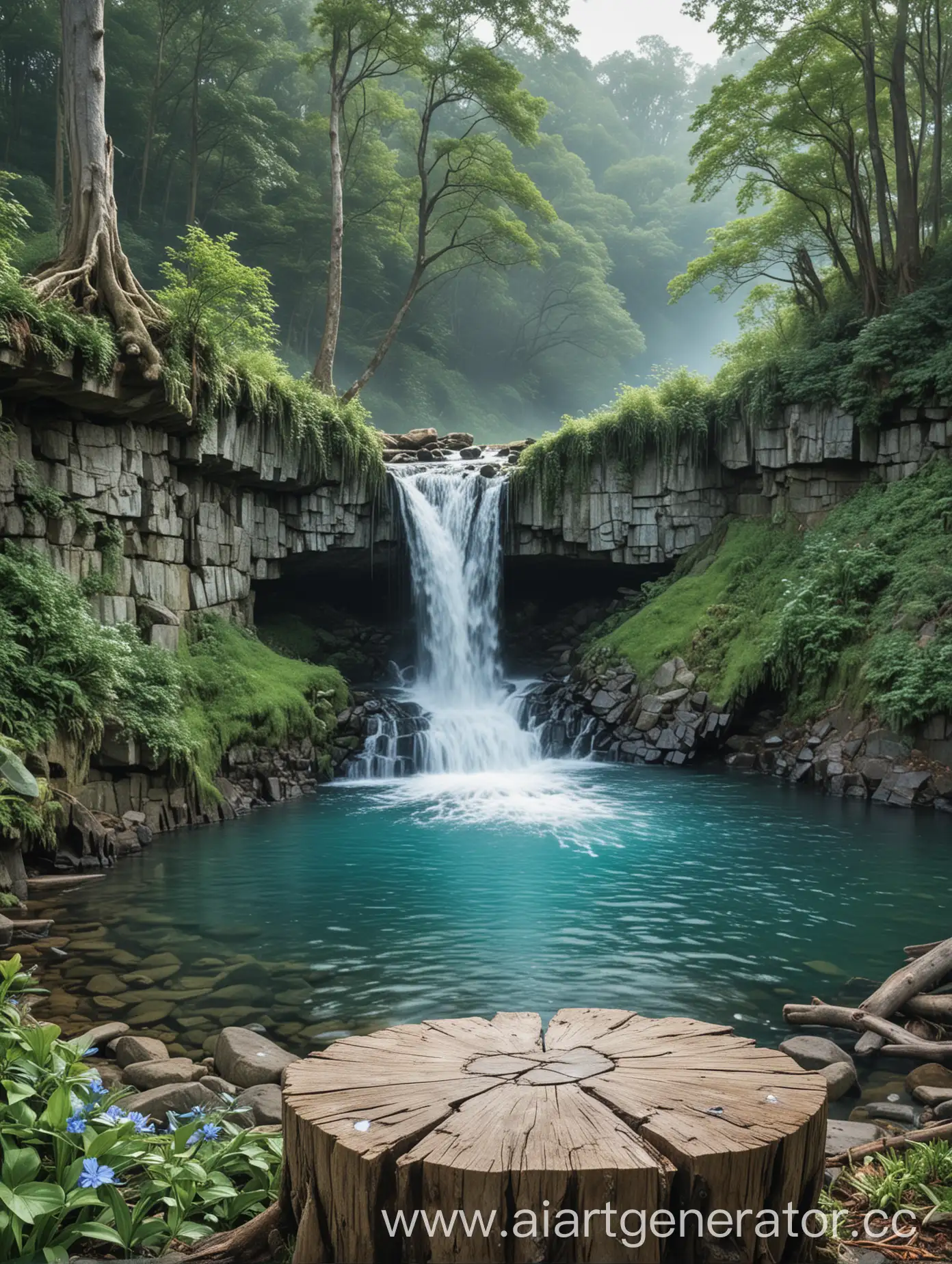 Serene-Waterfall-Surrounded-by-Blue-Tones-and-Natural-Elements