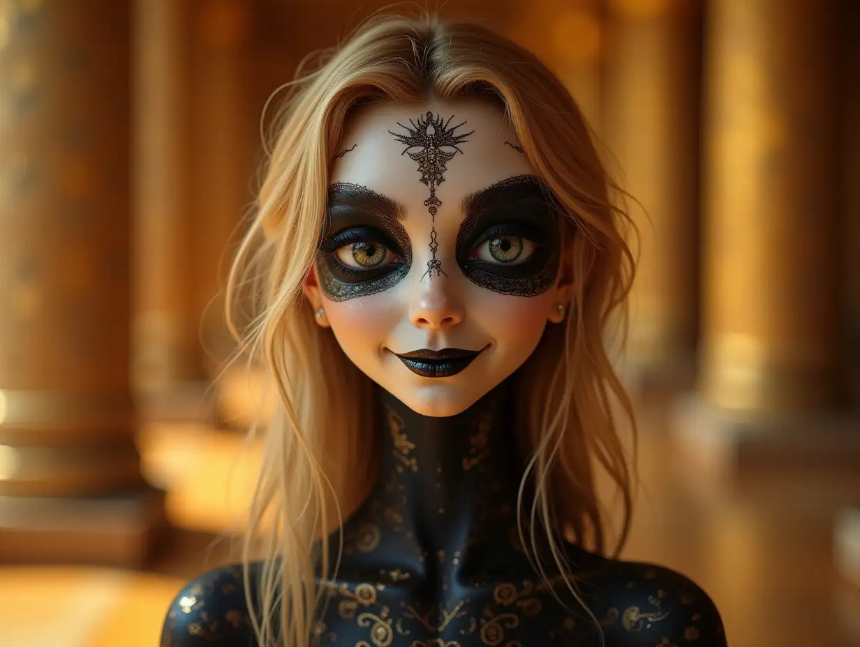 Young black and white pattern with Alien face, long neck, with golden hair, with a slight smile on her face underlines her smile, modern, in a temple with much gold different shades 4k