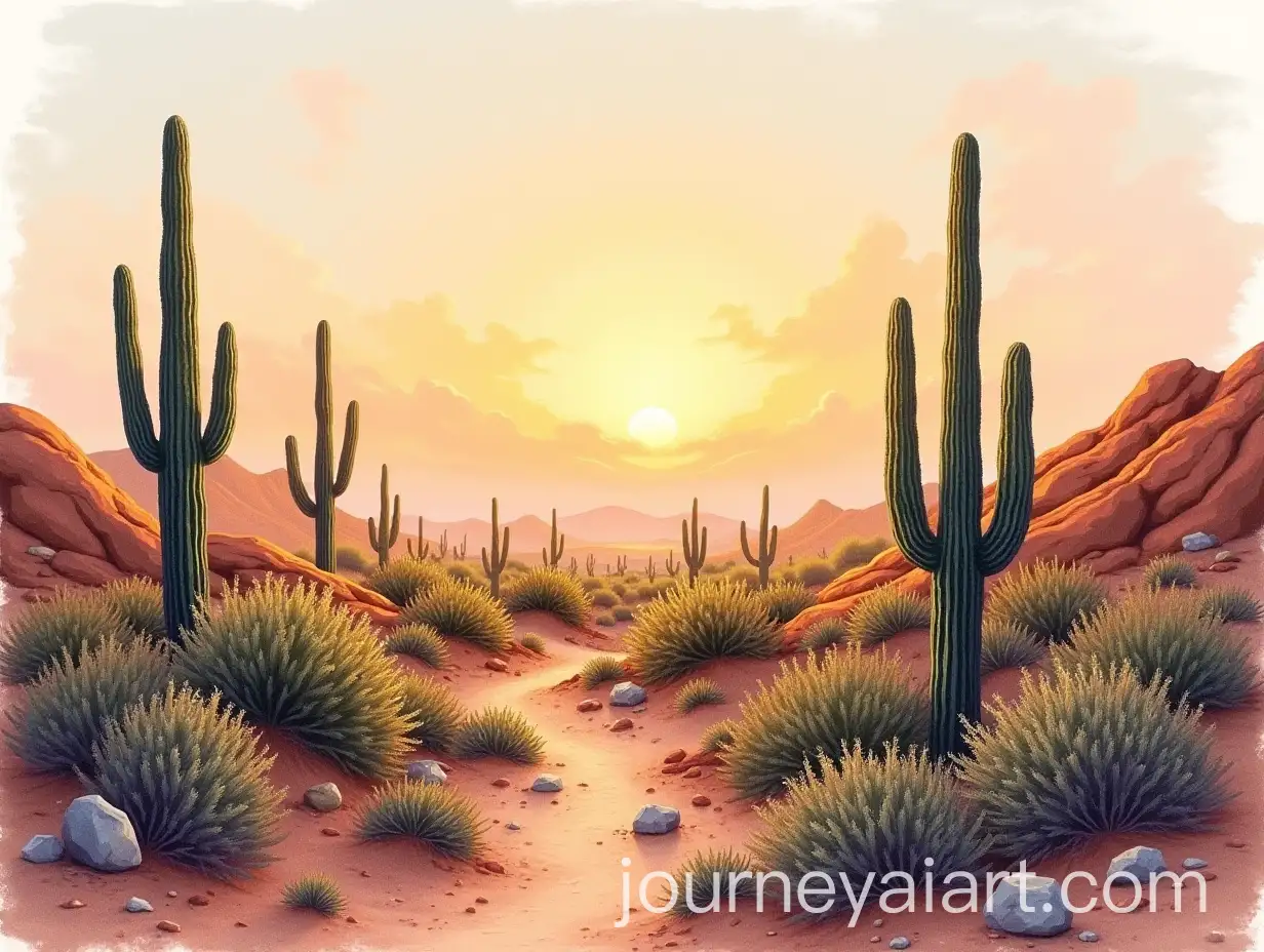 Serene-Desert-Landscape-at-Dawn-with-Prickly-Pear-and-Palm-Clusters