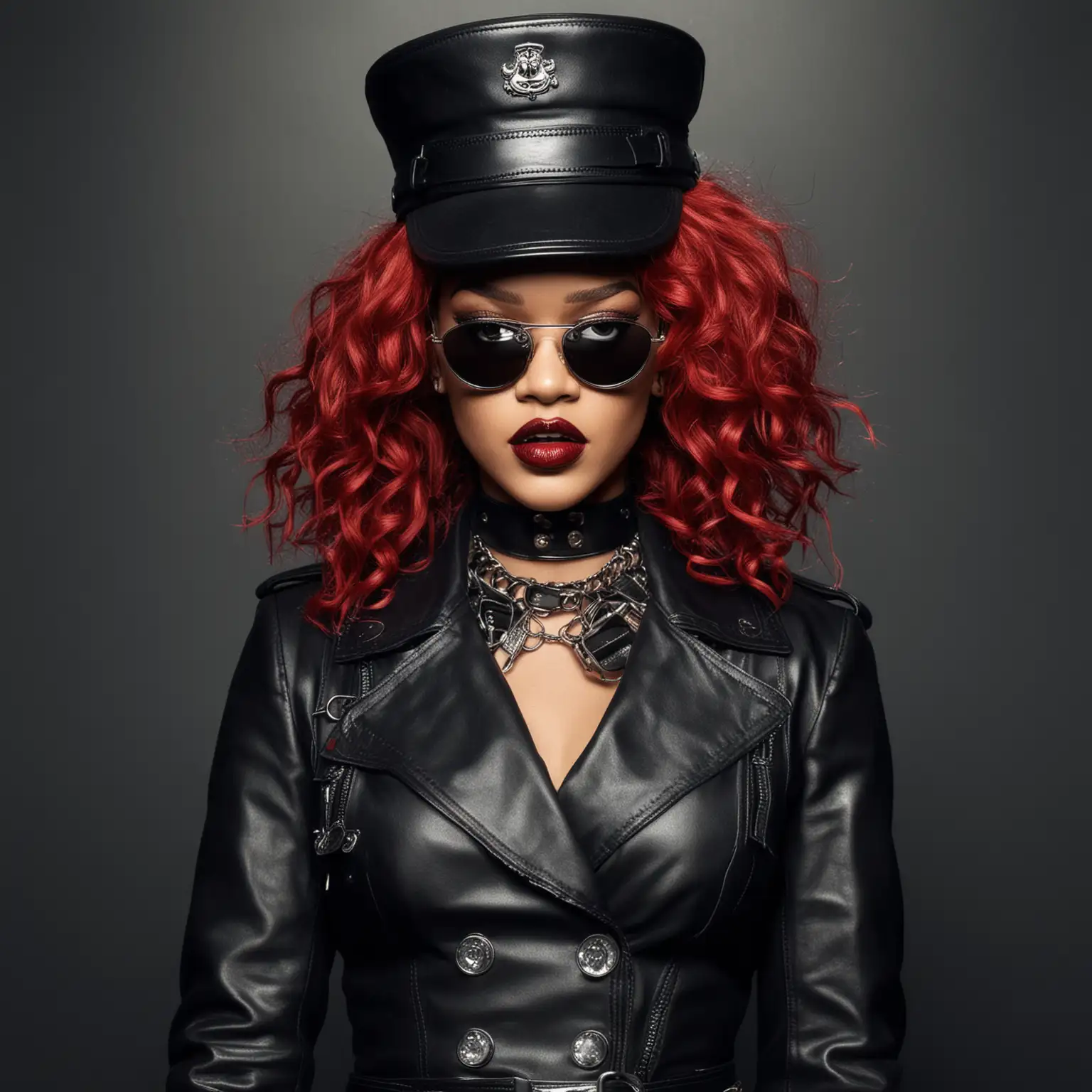 Rihanna-with-Dog-Collar-and-Leash-Black-Lipstick-Leather-Gloves-and-Military-Hat