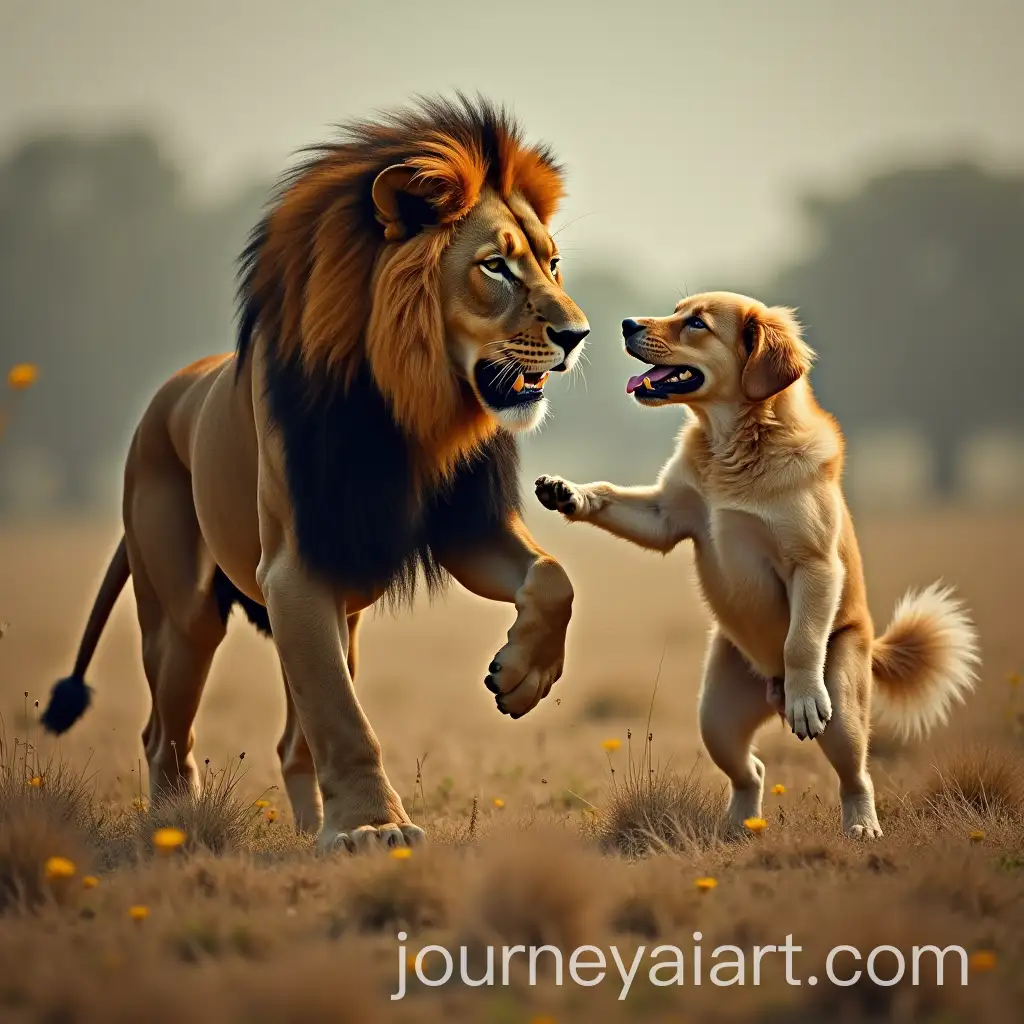 Majestic-Lion-Confronts-Playful-Dog-in-a-Dynamic-Showdown