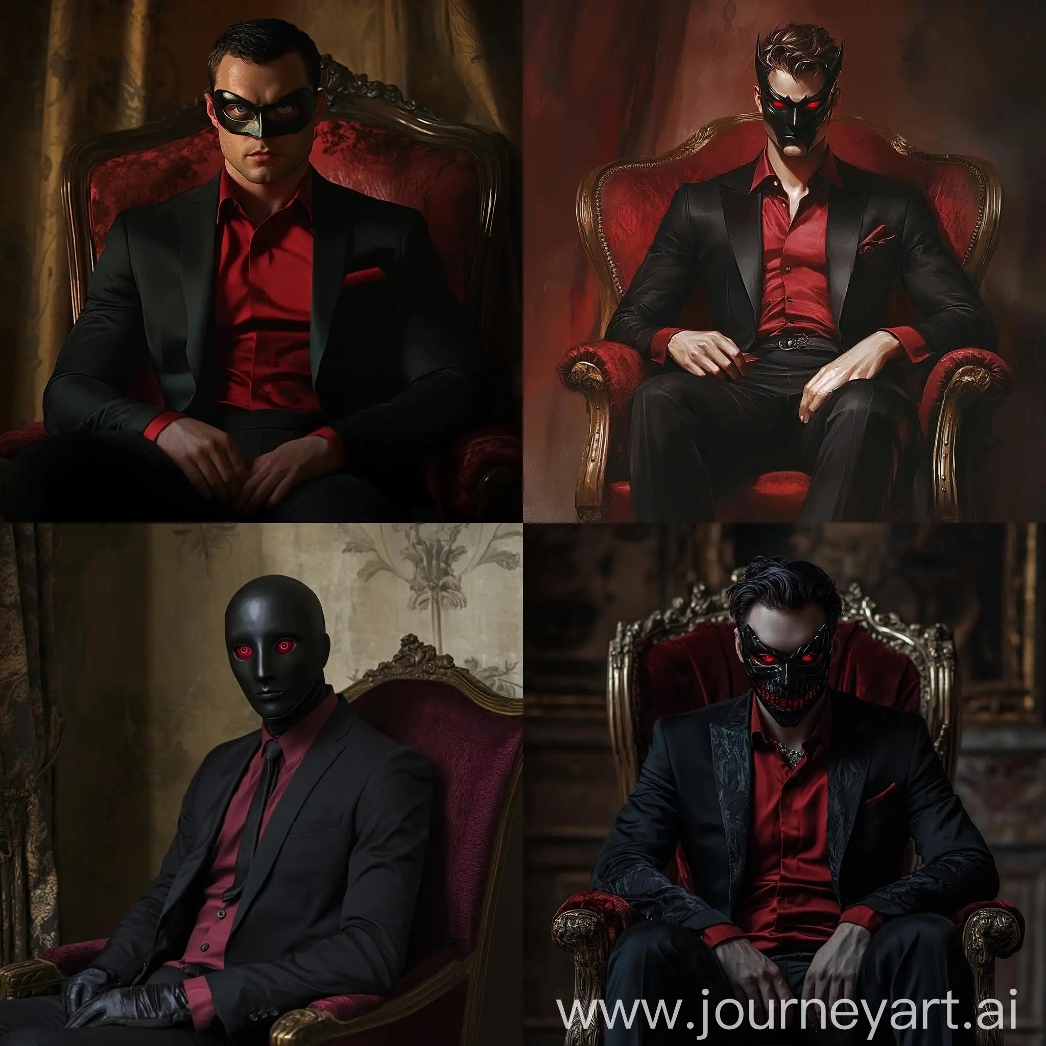 Elegant-Man-in-Black-Suit-Wearing-Mask-on-Burgundy-Chair