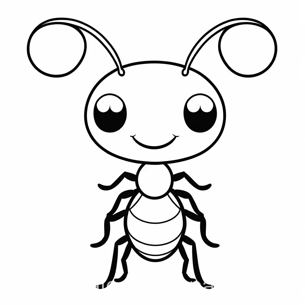 happy cute ant smiling coloring page for toddlers, Coloring Page, black and white, line art, white background, Simplicity, Ample White Space. The background of the coloring page is plain white to make it easy for young children to color within the lines. The outlines of all the subjects are easy to distinguish, making it simple for kids to color without too much difficulty