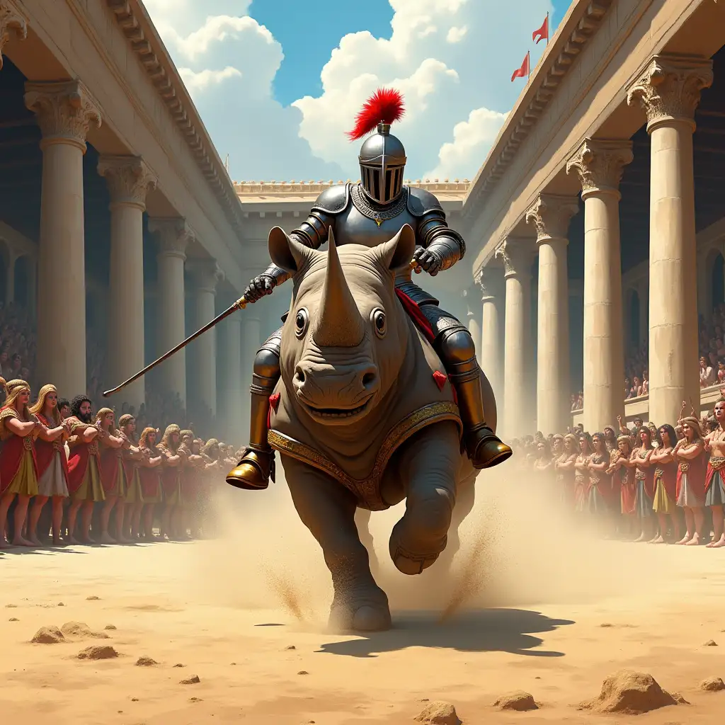 A dynamic digital illustration capturing an exciting moment in an ancient Roman style arena, featuring a knight in full metal armor, finely detailed with engravings and a striking red plume atop the helmet. The knight boldly rides a mighty rhinoceros, depicted in mid-gallop, its massive feet kicking up clouds of dust from the sandy floor of the arena, creating a sense of speed and urgency in the face of an angry Woolly Mammoth L The background features large architectural elements, including imposing columns and ornate trellises, which frame the scene and add to the grandeur of the setting. A diverse crowd of spectators, depicted with varying skin tones and dressed in authentic period clothing, fill the stands, their expressions a mix of awe and excitement as they take in the spectacle. The lighting is spectacular and high contrast, highlighting the knight and the rhino while casting deep shadows that increase the intensity of the scene. This illustration conveys a vibrant and exhilarating atmosphere, inviting viewers to immerse themselves in the action. Wide-angle perspective, vivid colors, dynamic composition, cinematic lighting, high detail, epic fantasy ambiance, textured brushstrokes, vibrant hues, dramatic shadows, stylized realism.