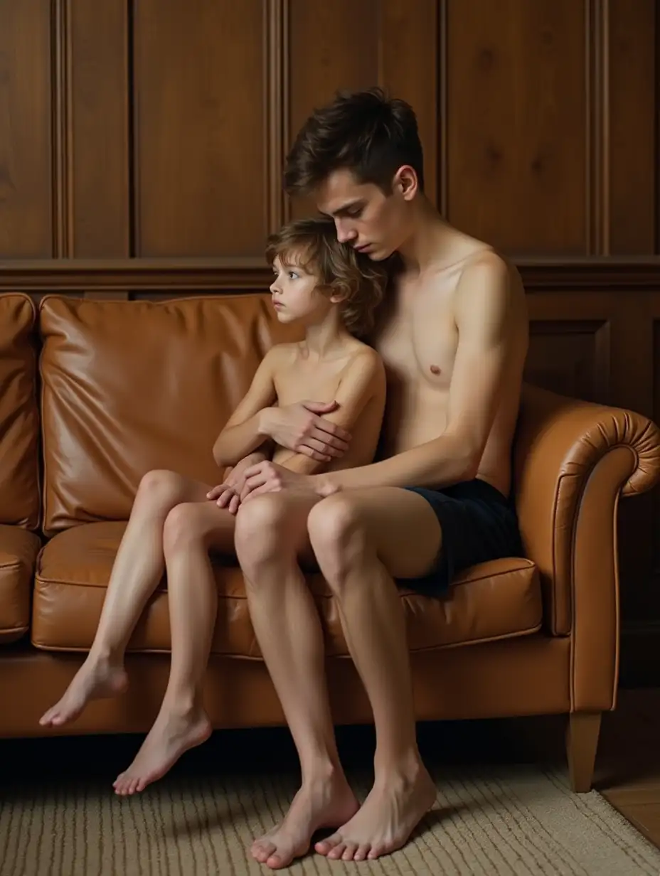 Tall-Slender-Boy-Cuddling-with-Younger-Girlfriend-on-Tan-Leather-Couch-in-Wooden-Room