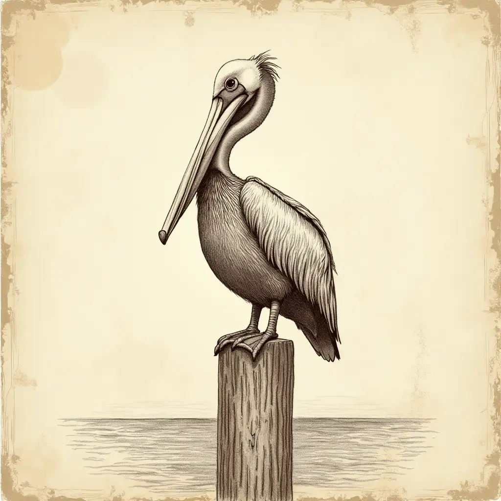 distressed and faded vintage sketch of a pelican sitting on a pier post in dark brown and white