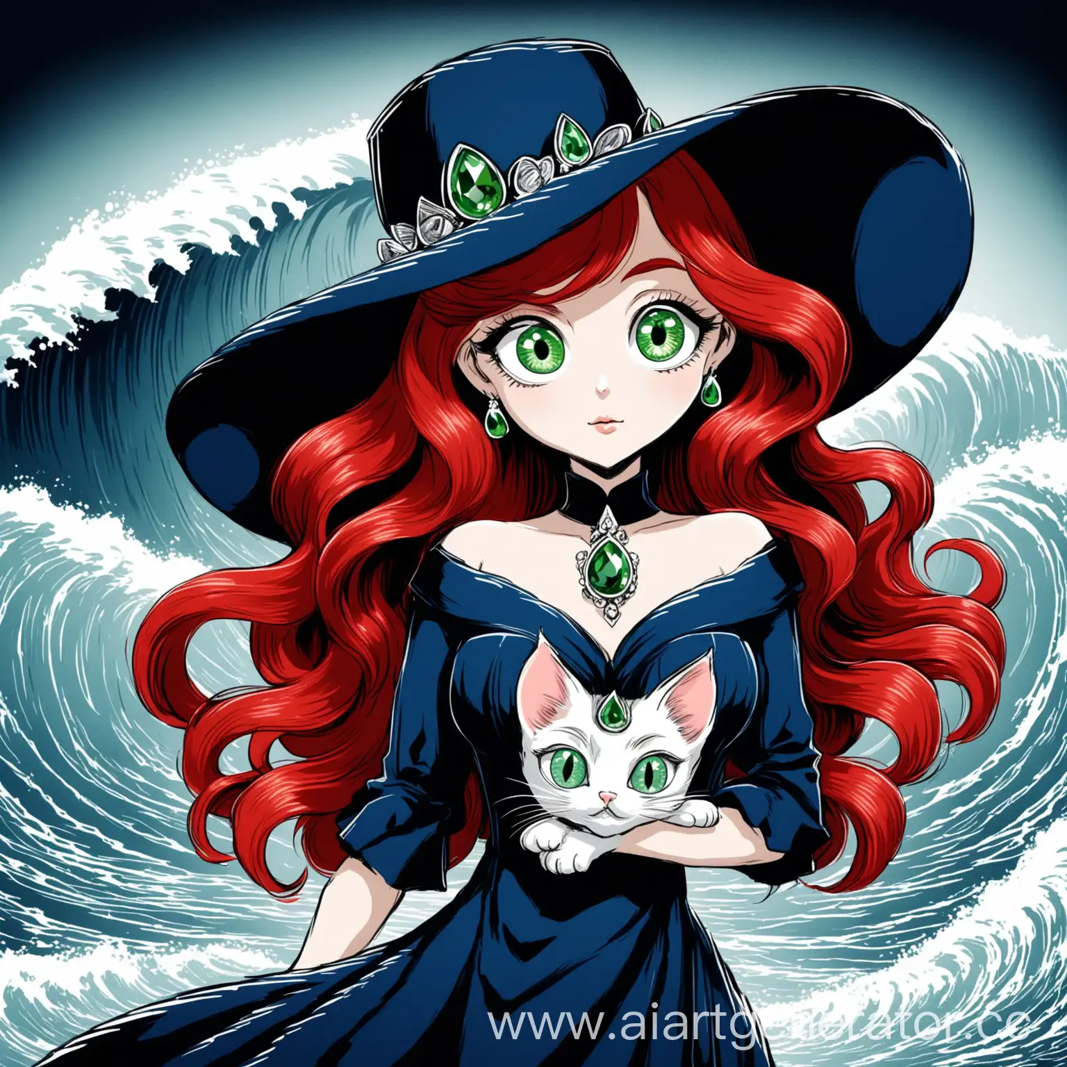 Elegant-Woman-in-Blue-Evening-Dress-with-Kitten-Hat-and-Red-Hair