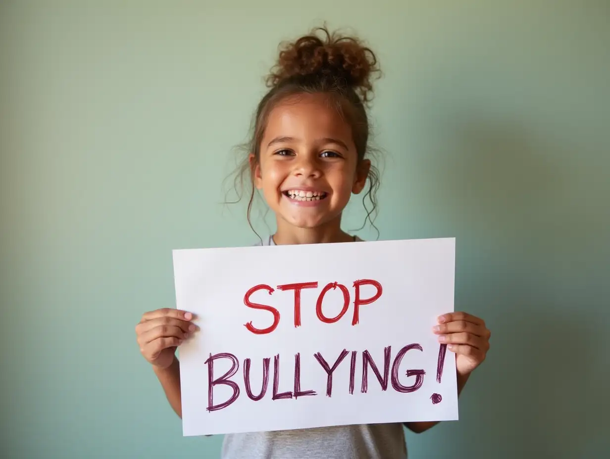 Create a primary school child holding a sign that says: STOP BULLYING