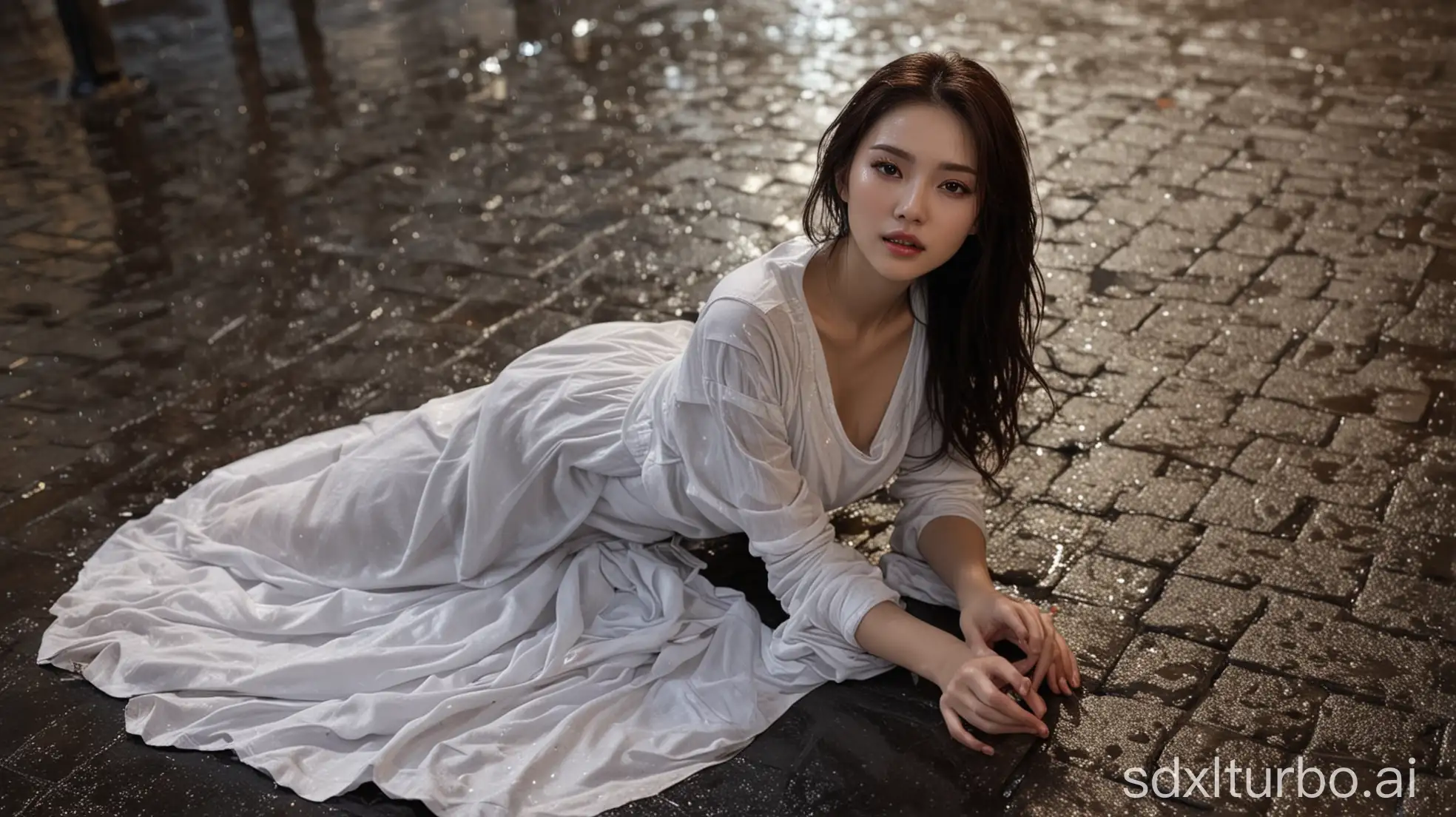 Chinese-Woman-in-White-TShirt-and-Skirt-Lying-on-Wet-Street-at-Night-in-the-Rain