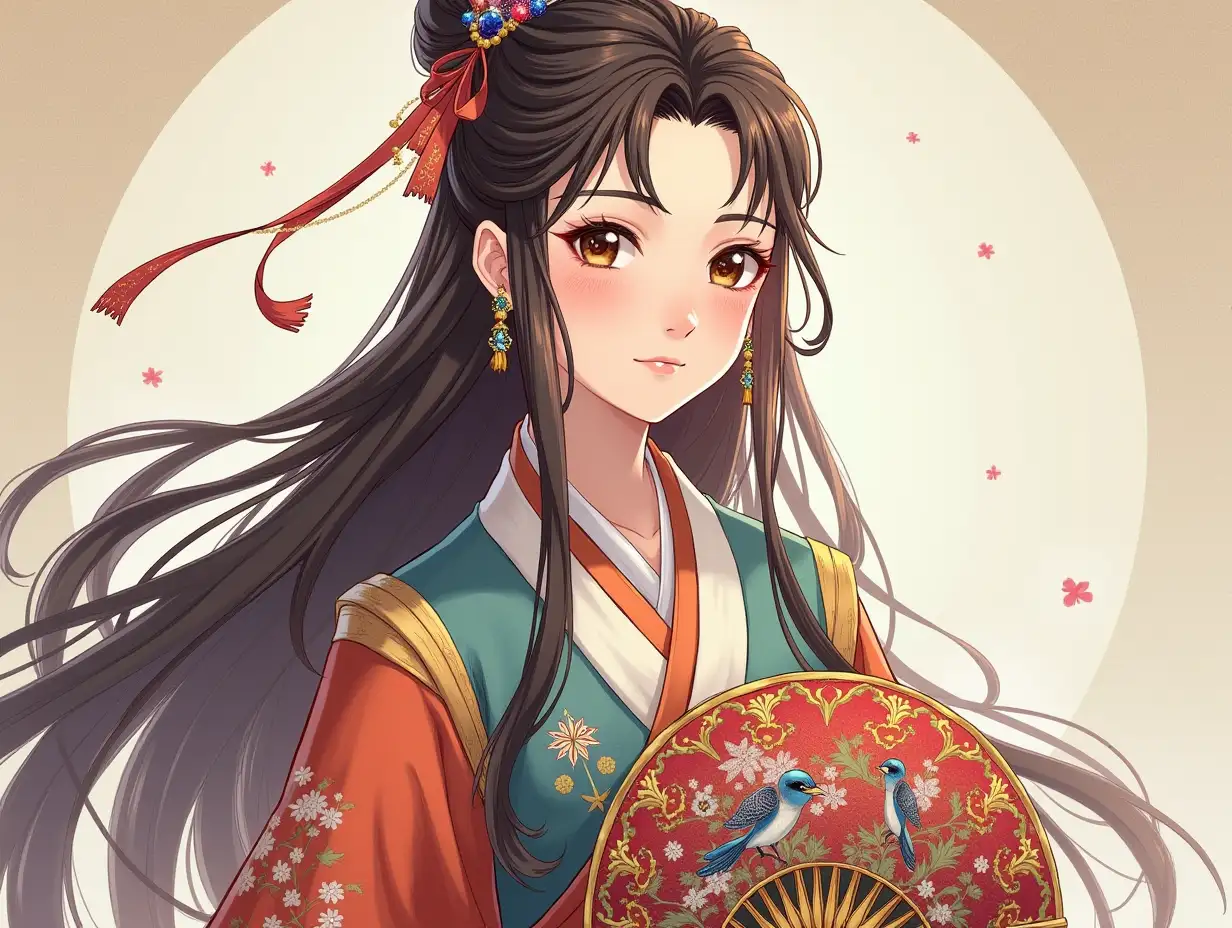 Jing Ling: Tall and fair-skinned, Jing Ling has an ethereal aura, almost like she belongs to the heavens. Her brown eyes, though gentle, hold a deep curiosity about the world and its secrets. Her long hair is intricately styled in an elaborate, regal manner, with delicate pins and ribbons that shimmer in the light. Her hanfu is rich in colors and embroidery, with patterns representing the beauty of nature—flowers, birds, and flowing rivers. The embroidered handfan she holds is a gift from her late mother, a symbol of the royal bloodline she descends from. Her demeanor is calm and composed, but a hidden fire of determination burns within her heart, particularly when thinking about her mission to unravel the mysteries surrounding her mother.