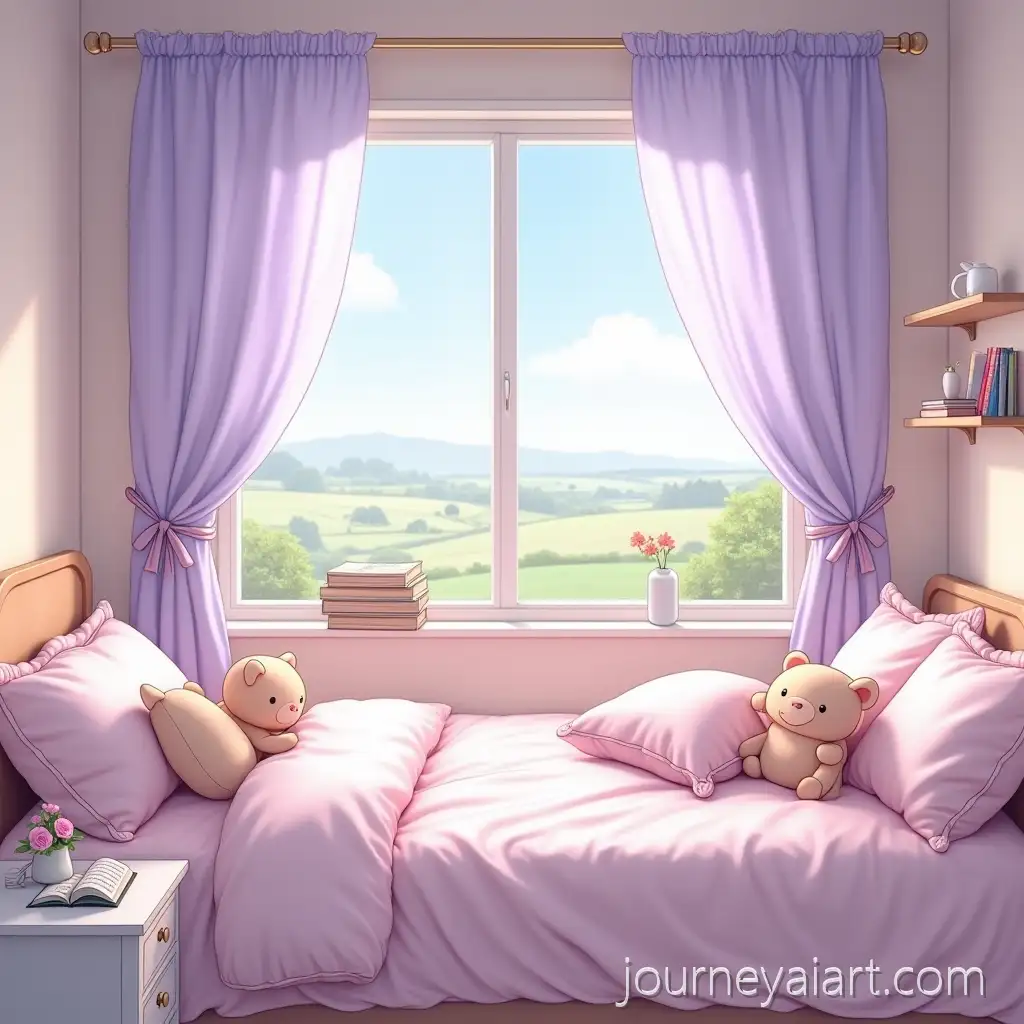 Cozy-PastelAI-Art-Prompt-Expansion-AnimeStyle-Bedroom-with-Lavender-Curtains-and-Countryside-View