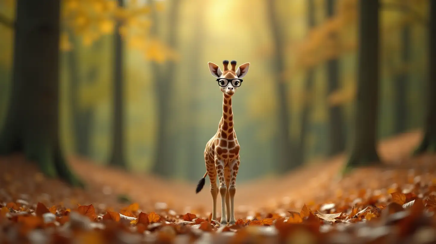 small baby Giraffe with glasses  in the  far space  in the woods