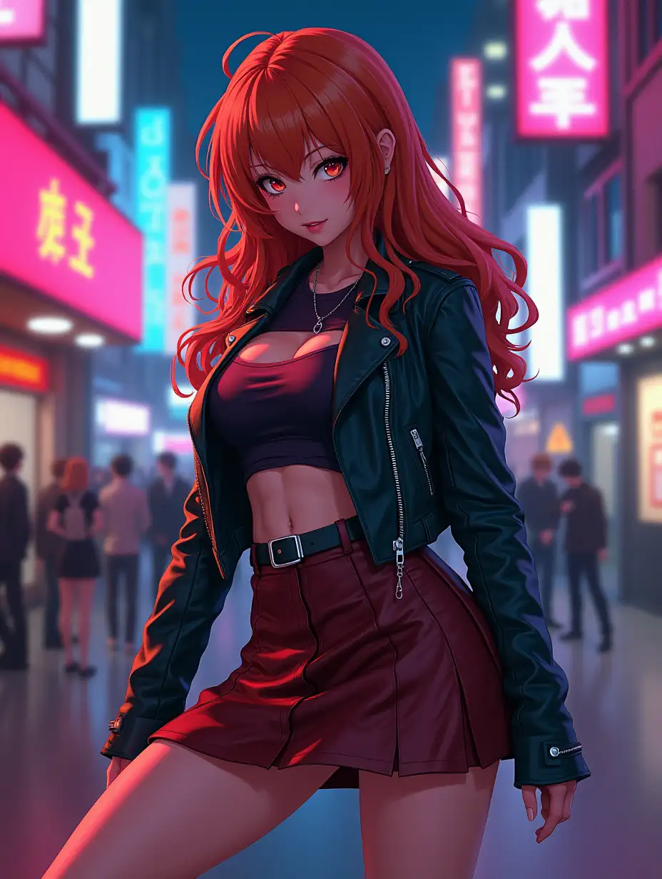 anime painting, gorgeous ginger hair girl, leather jacket, skirt, boots, t-shirt, breasts, cyberpunk aesthetic, vaporwave, model posing dynamic angle shot, neon street background