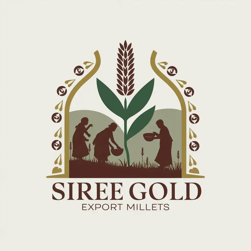 LOGO Design for SIREE GOLD EXPORT MILLETS Earthy Tones with Ancient Indian Symbols and Sprouting Millet Plant