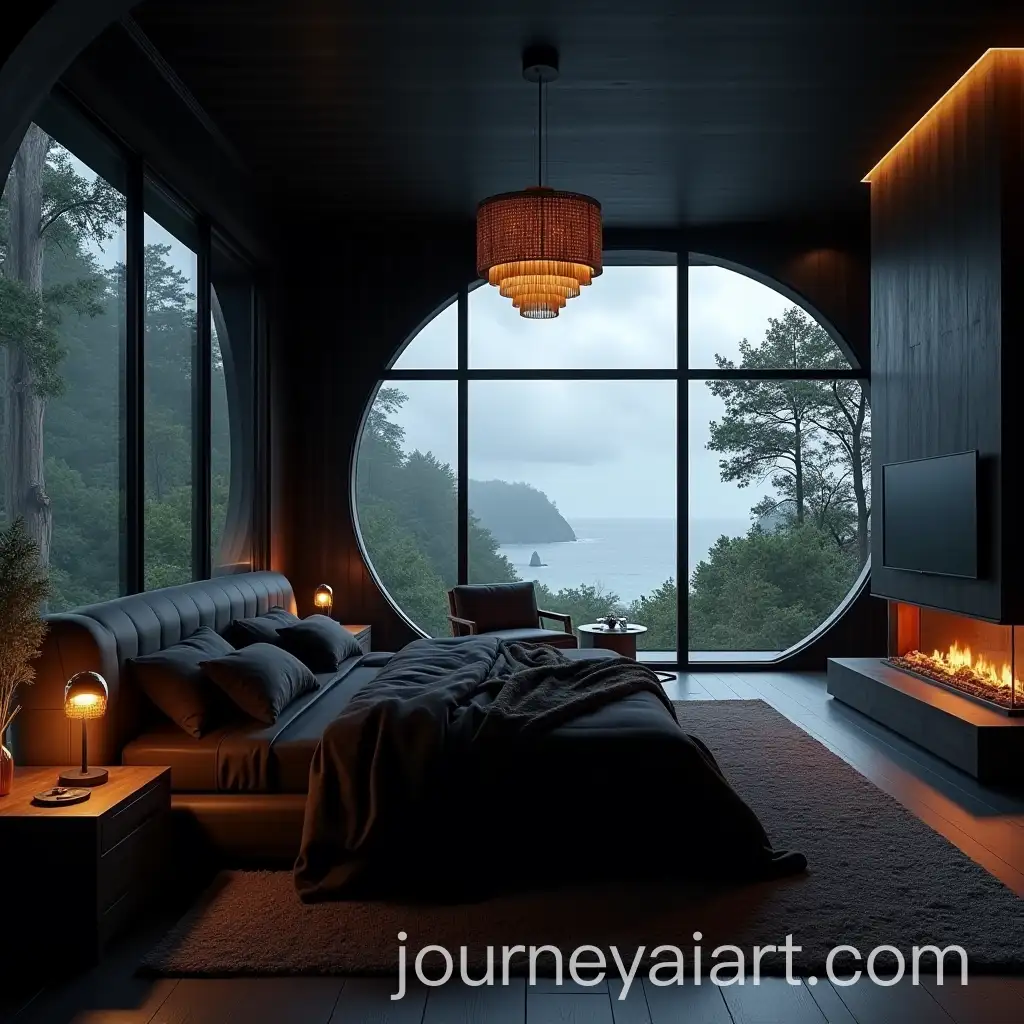 Modern-Black-Bedroom-with-Tropical-Forest-View-and-Sea-at-Dusk