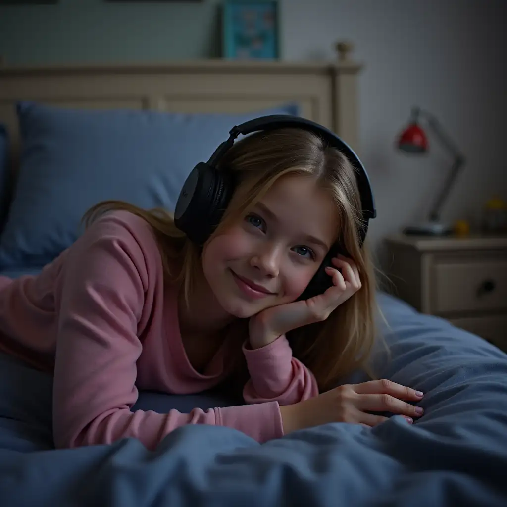 Teenage-Girl-Laying-on-Bed-with-Headphones-and-Nightstand