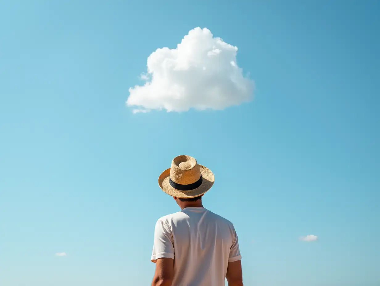 Man-in-Straw-Hat-Gazing-at-Cloudy-Sky