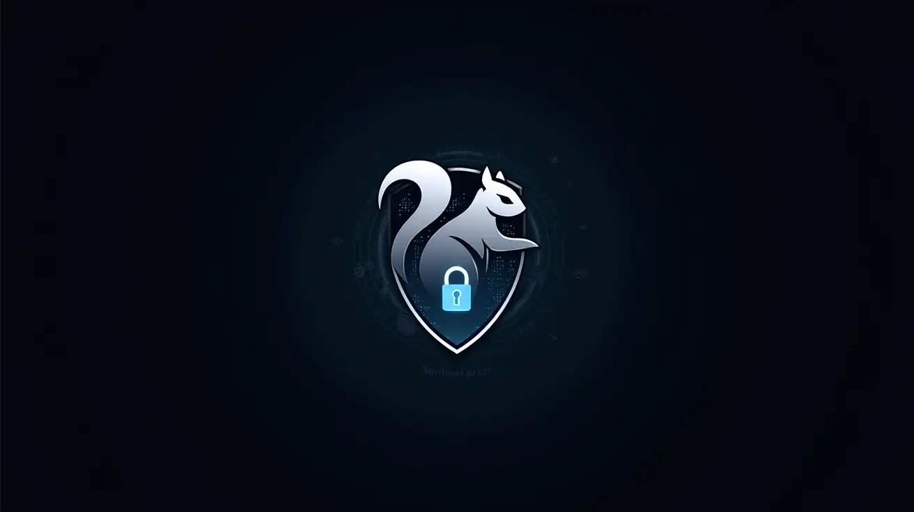 A sleek, abstract logo representing the Sentinel Protocol, encapsulating cybersecurity, blockchain protection, and digital defense. The design features a minimalist, cybernetic squirrel emblem, with sharp, angular lines forming a futuristic silhouette. The squirrel is integrated into a bold, geometric shield, making the protective element the focal point of the design. The shield is reinforced with glowing circuit patterns and encrypted blockchain nodes, symbolizing decentralized security and resilience. The squirrel’s tail elegantly wraps around the shield, creating a sense of movement and vigilance. At the center of the shield, a holographic keyhole or lock icon subtly glows, reinforcing the idea of ultimate protection against digital threats. The color palette consists of metallic silver, deep gunmetal, and neon blue accents, emphasizing a high-tech, cutting-edge aesthetic. The overall style is modern, vector-based, and symmetrical, ensuring strong branding for cybersecurity applications. The background remains dark and minimalistic, allowing the shield and glowing elements to stand out dynamically. Designed in a bold, emblematic style with clean, futuristic symmetry, perfect for representing an advanced blockchain security protocol.