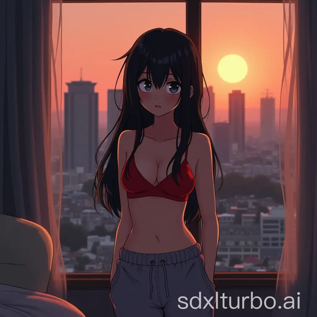 a girl in a red bikini top with black hair and grey jogging pants on looking to me and looking a very little bit tired. she is in her room. the room has view on some skyscrapers, and the sun is almost going down