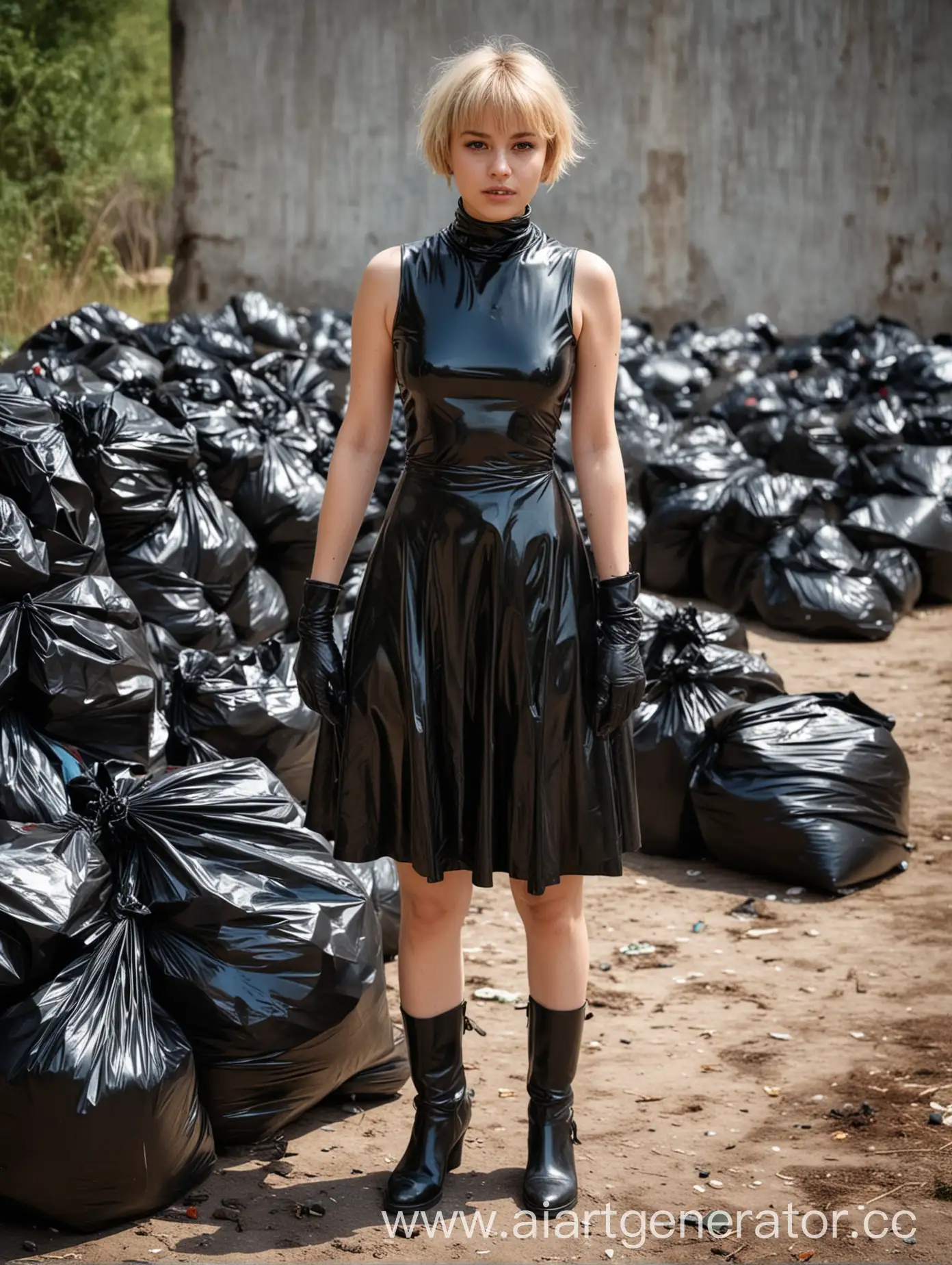 Girl-Asking-for-Alms-on-a-Hot-Sunny-Day-in-Latex-Dress-and-Boots