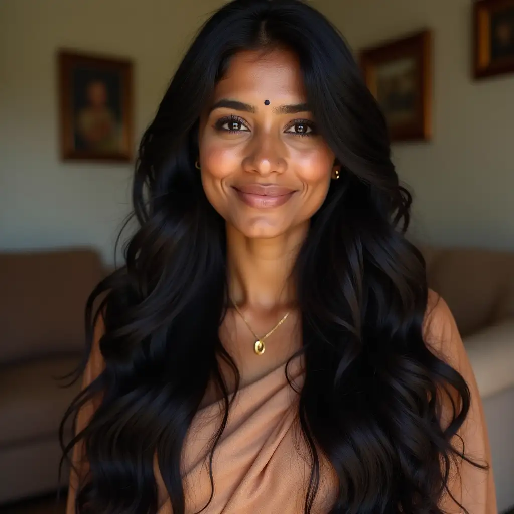 Indian-Mother-in-Traditional-Sari-Smiling-in-Cozy-Living-Room