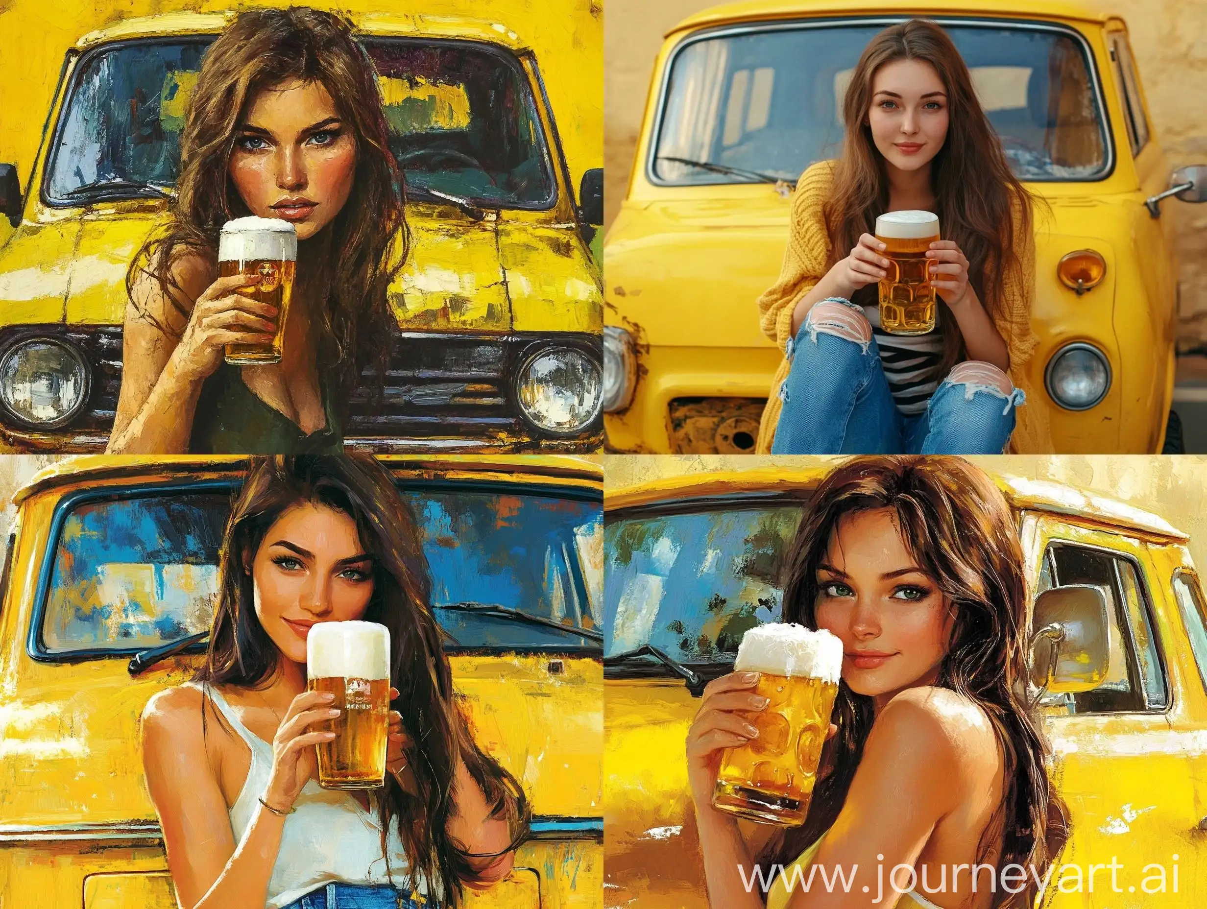 Girl-with-Beer-on-Yellow-VAZ2105-Background