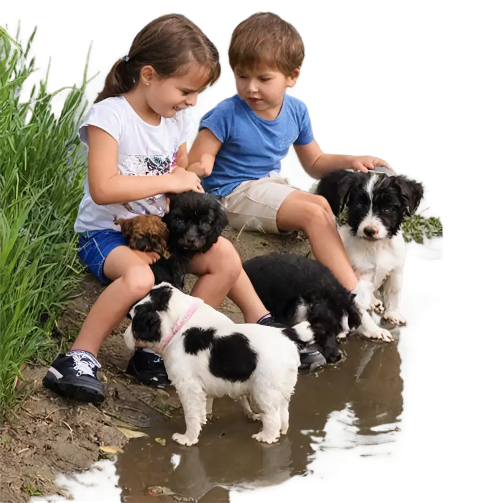 Charming-Children-and-Puppies-Beside-the-Pond-PNG-Perfect-for-Heartwarming-Visuals