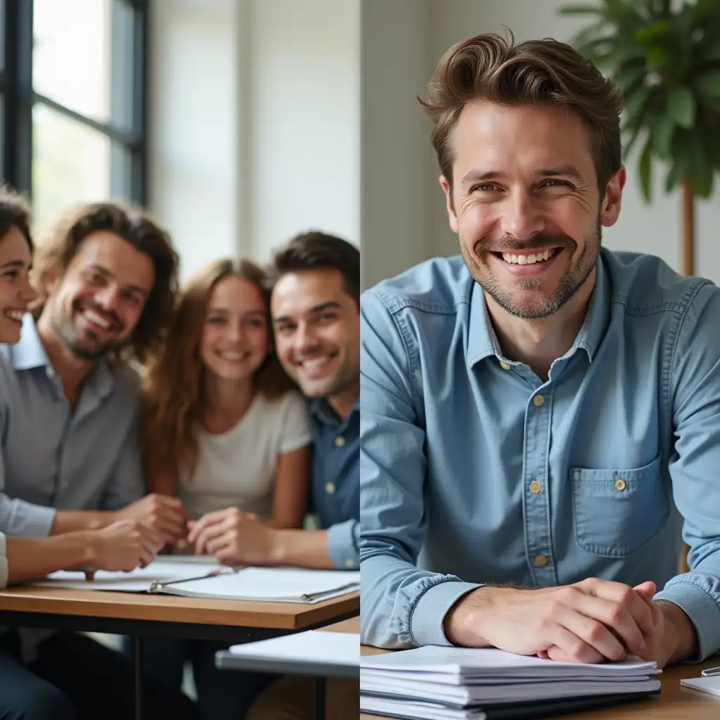 A split image. Image 1 is a happy family meeting and image 2 is financial advisor with a stack folders next to him.