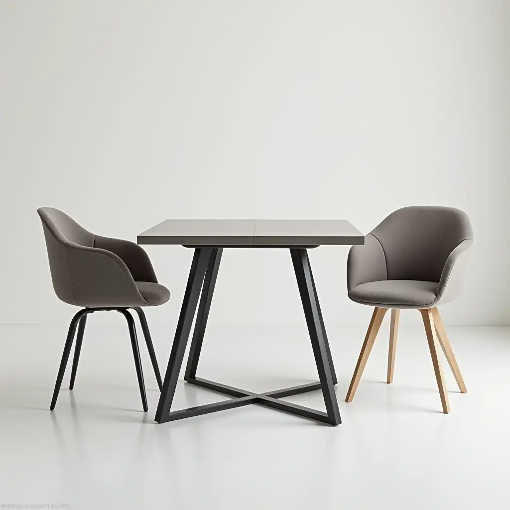 table on four metal supports with a thin layer of ceramic granite in set with two soft kitchen chairs on metal legs in minimalist interior