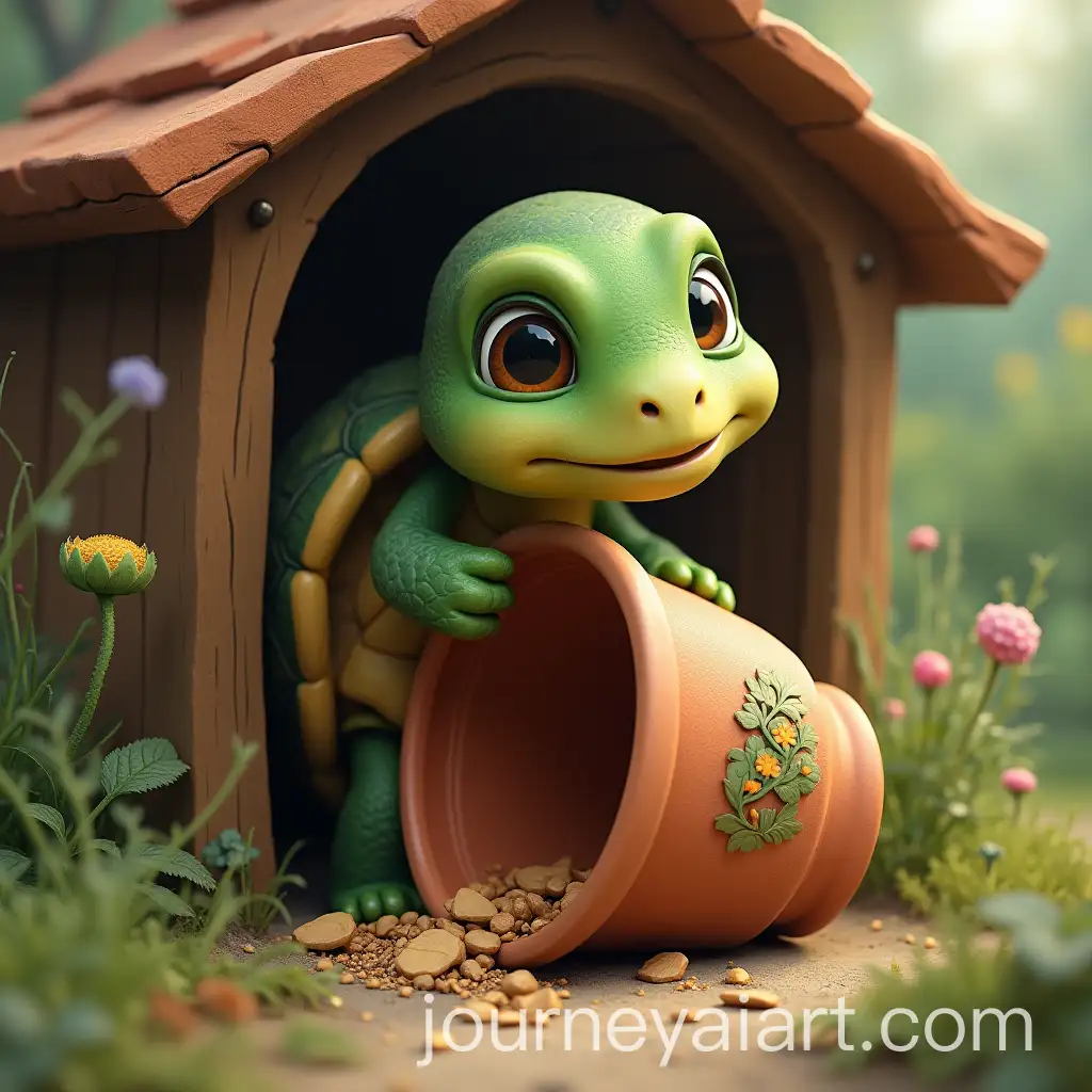 Cute-Green-Turtle-Hiding-Behind-Flower-Pot-in-Garden-Shed
