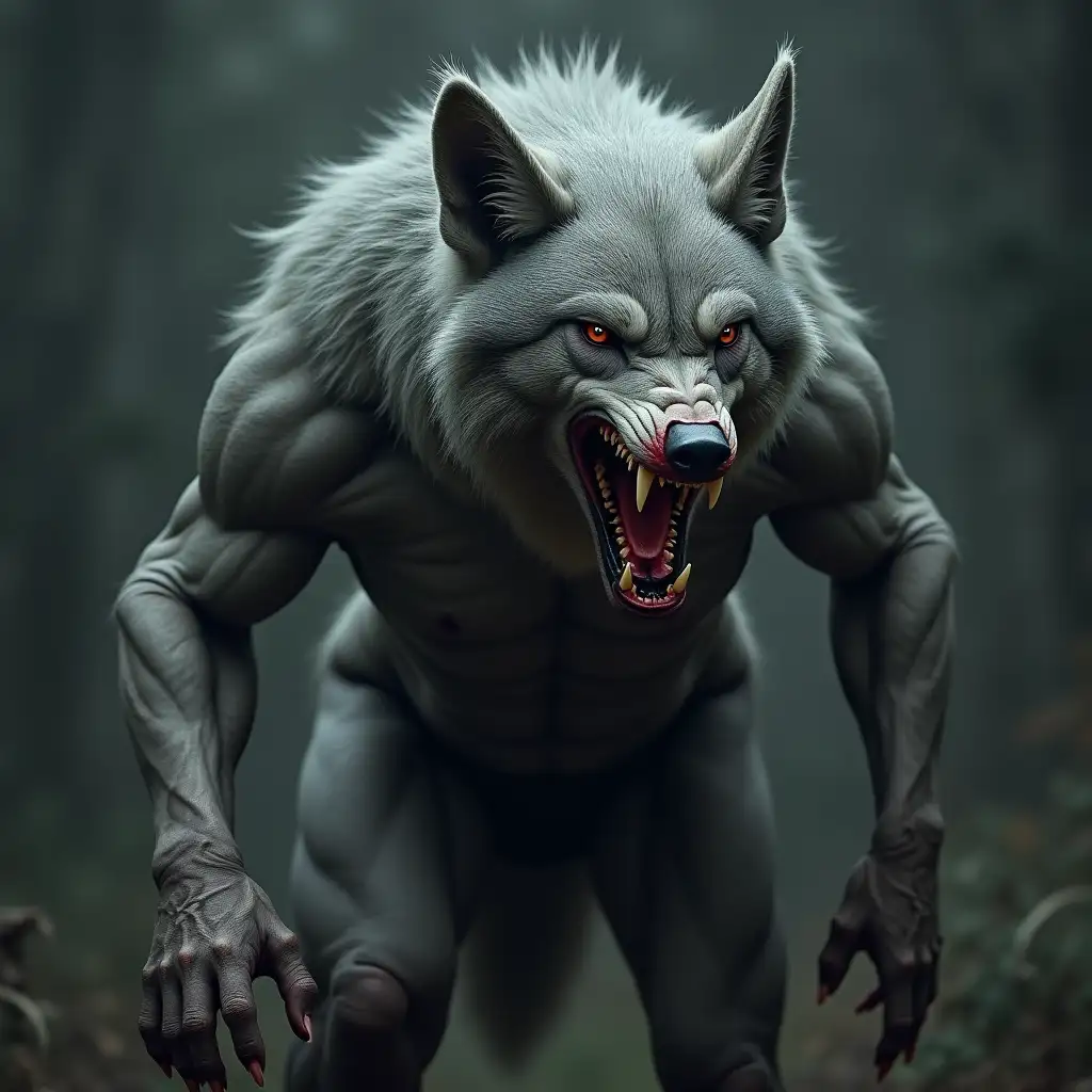 gray old woman in the guise of a wolf werewolf, stands in an aggressive posture and looks hungrily at her prey, her jaw in a clear snarl, eyes filled with blood, fur standing on end