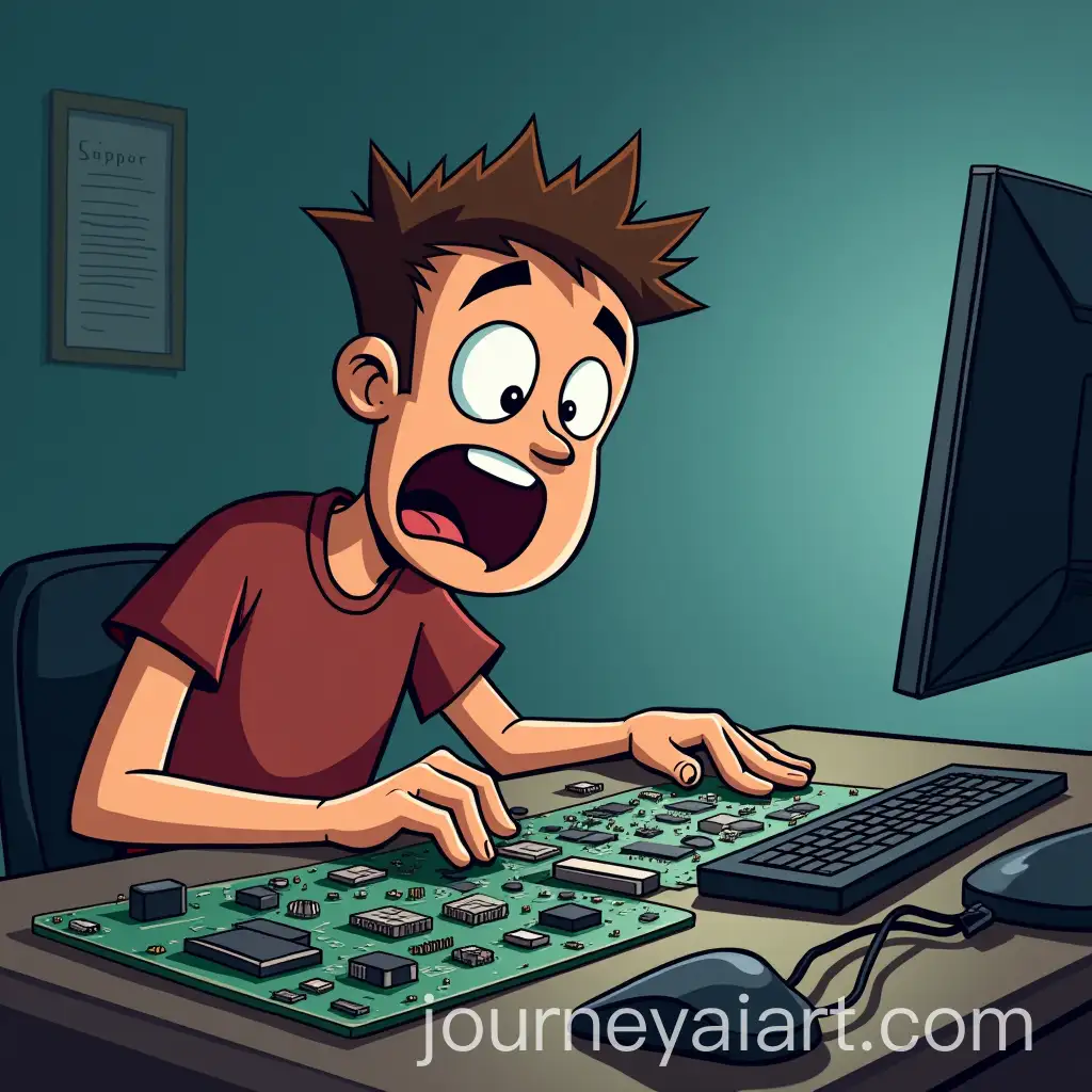 Desperate-Software-Engineer-Analyzing-Complex-Electronics-in-Cartoon-Style