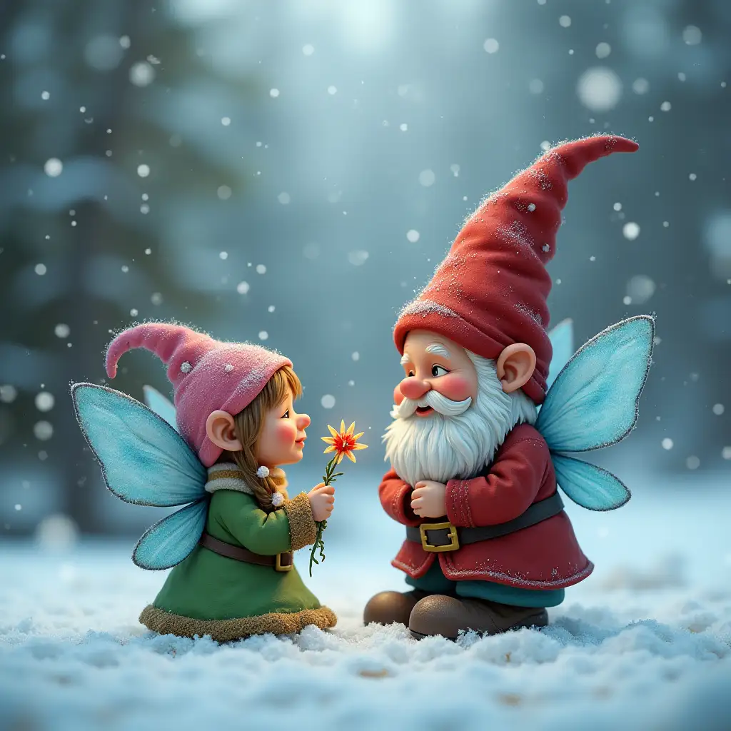 a gnome in love with the snow fairy