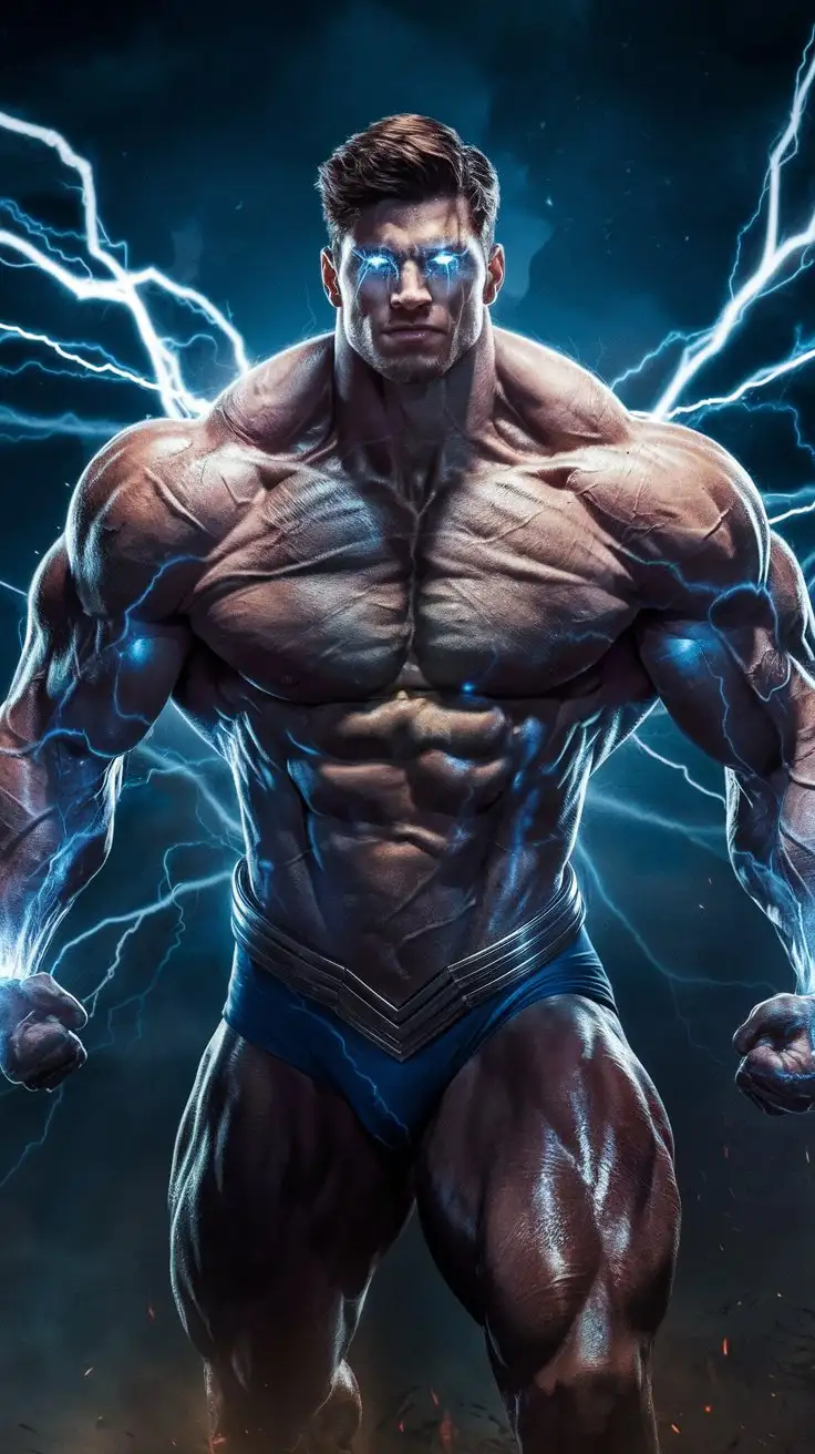Immensely powerful musclegods transforming into godlike superheroes. 25 years old. Blue electricity. Bold reverence.