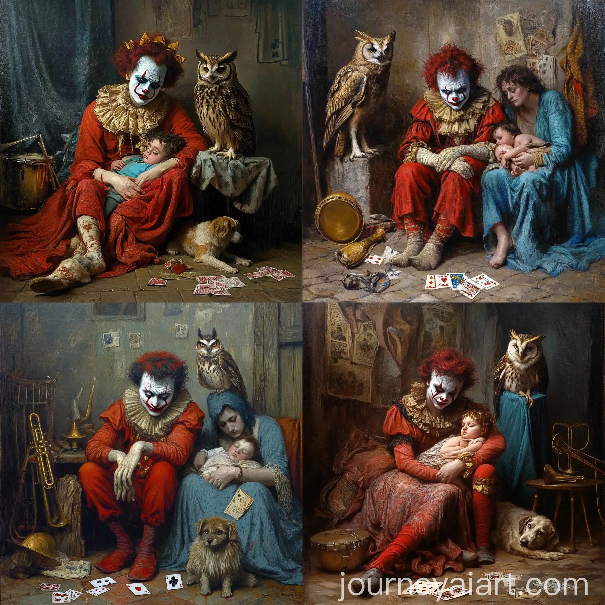 Clown-and-Mother-with-Sleeping-Child-in-Aftermath-of-Performance