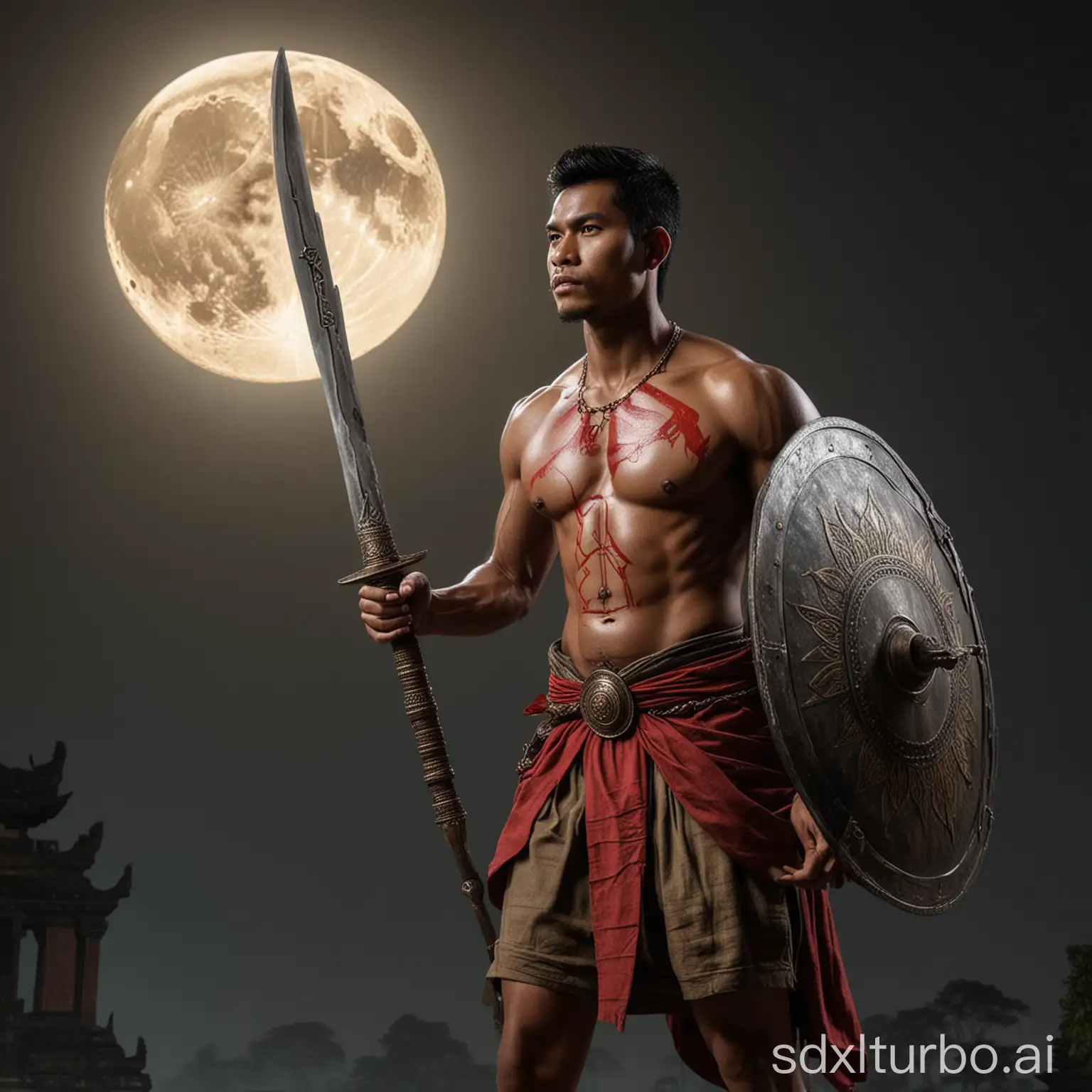 Handsome-Man-in-Ancient-Majapahit-Kingdom-with-Sword-and-Shield-under-Full-Moon