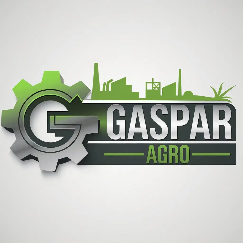 LOGO Design for Gaspar Agro Modern Industrial Gear and Factory Silhouette with Metallic and Green Gradient