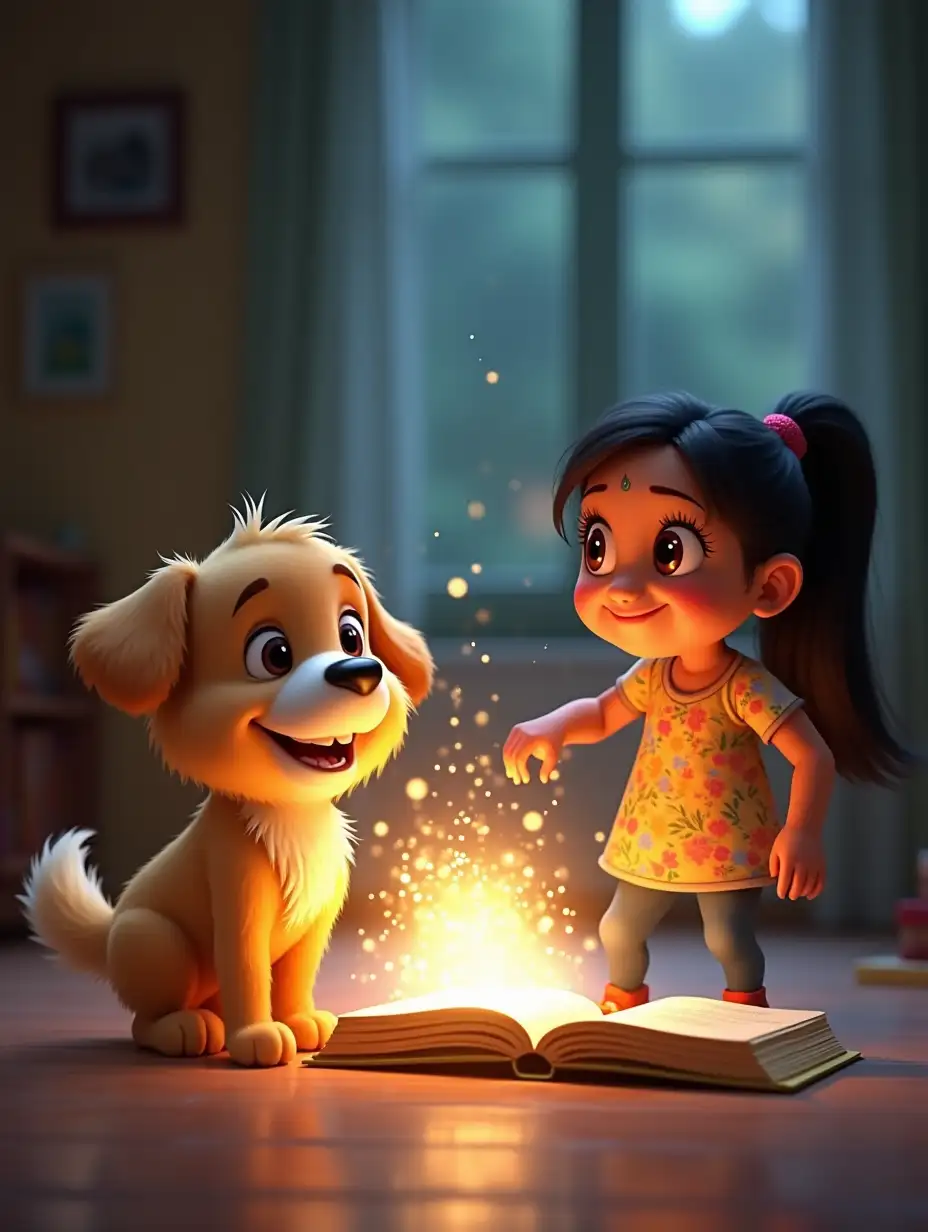 Create a 3D animated Pixar style focusing on Lucky, a cute dog with fluffy fur, floppy ears, and a wagging tail, as a bright light from the book suddenly envelops him. The light is magical and sparkling, swirling around Lucky in a dazzling display. Ayesha, a young girl with bright, curious eyes, long dark hair tied in a ponytail, wearing a colorful kurta and jeans, watches with wide-eyed amazement, her hand frozen mid-page-turn.