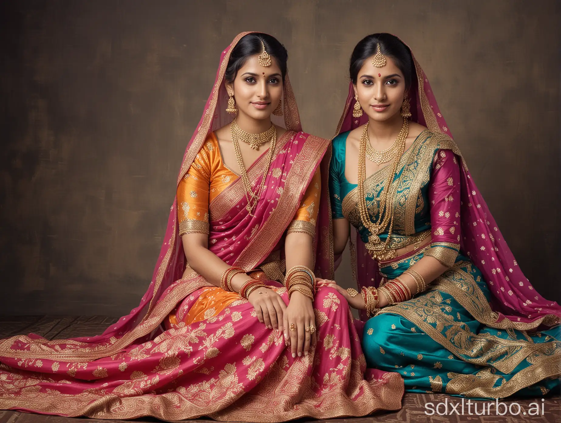 Two beautiful Indian women wearing traditional Eastern garments, likely sarees or similar attire. They are sitting down and posing for the picture. The women have ornate and colorful clothing, showcasing cultural and religious elements.