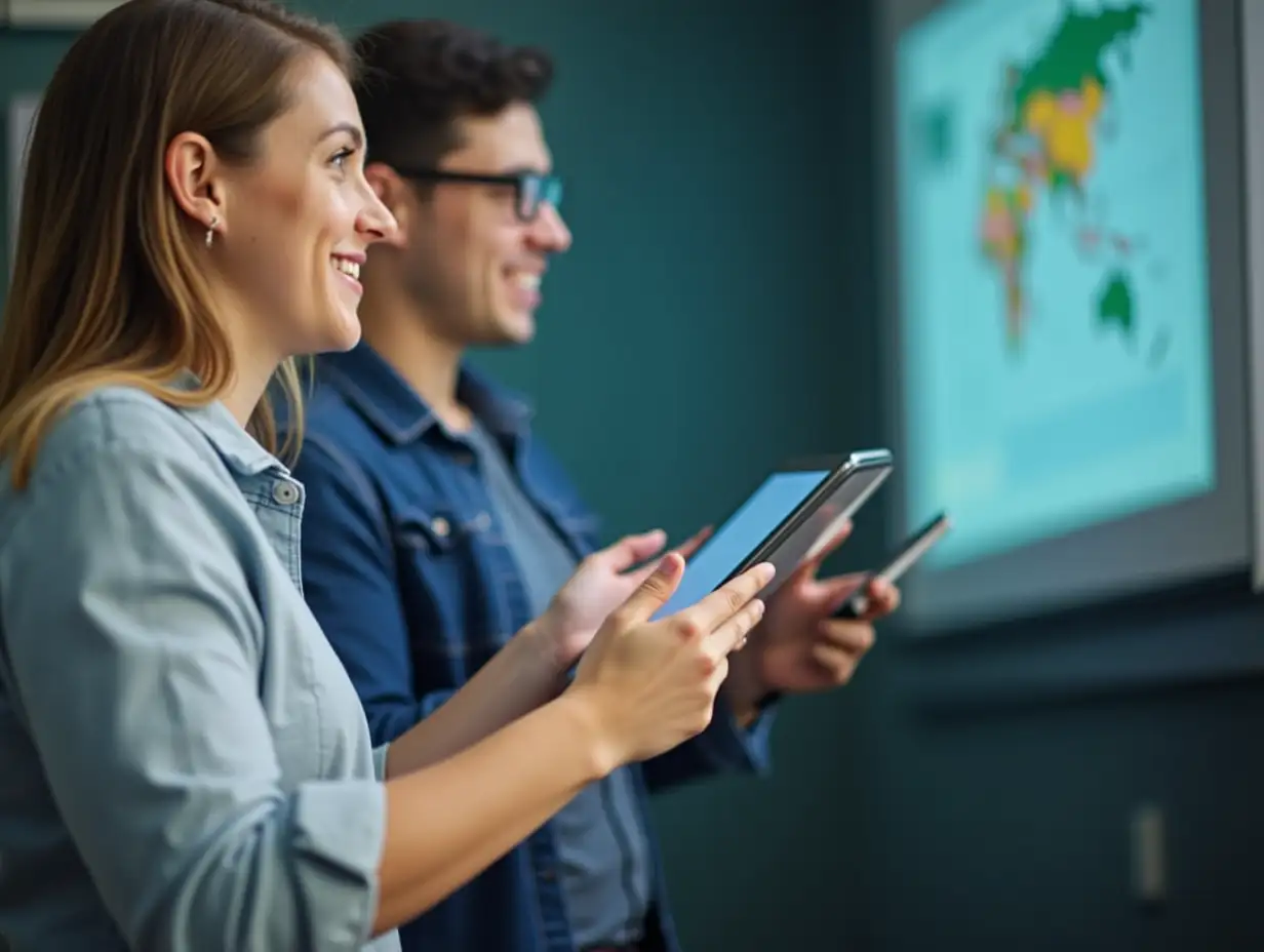 Close-up of a teacher using a tablet to present digital lessons, showcasing the integration of technology in modern education