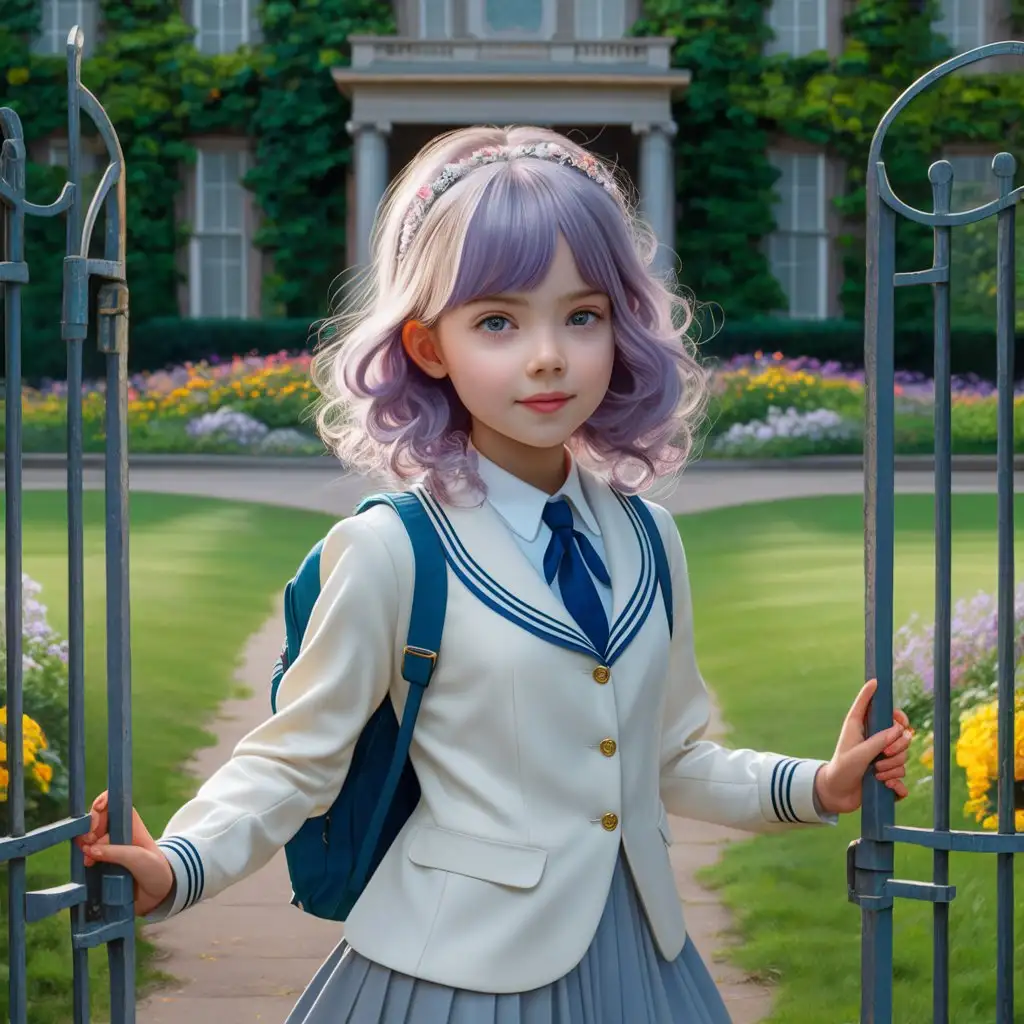 Schoolgirl with Lavender Hair at the School Gate