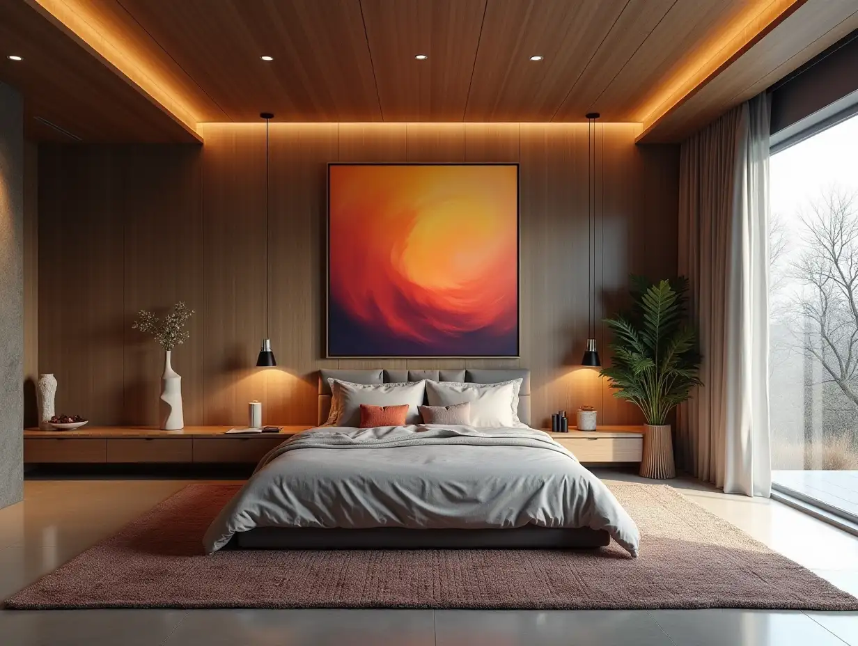 very large modern bedroom with statue and an abstract picture 180 degree panoramic shots 8K resolution colorful