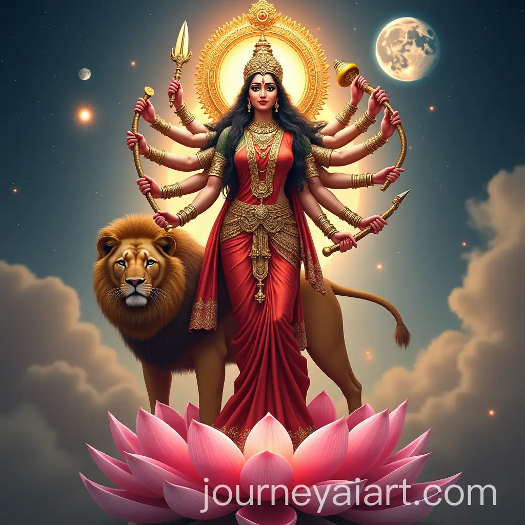Divine-Goddess-Durga-with-Five-Faces-and-Ten-Arms-in-Celestial-Setting